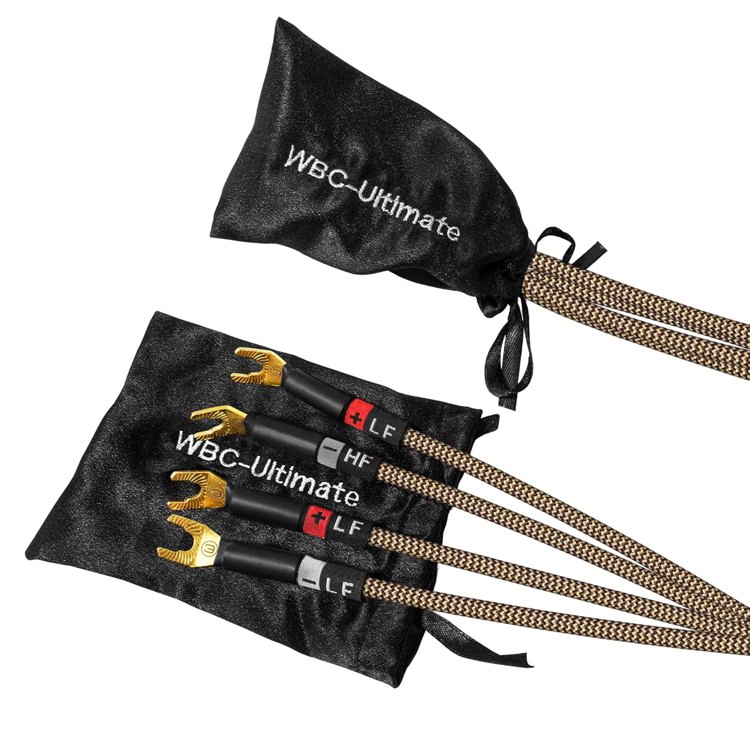 WORLDS BEST CABLES 10 Foot Ultimate - 12 AWG - Ultra-Pure OFC - Premium Audiophile HiFi Bi-Amp Speaker Cable Pair with Eminence Gold Banana (x4) & Spade (x4) Plugs & TnBrwn Tweed Jacket