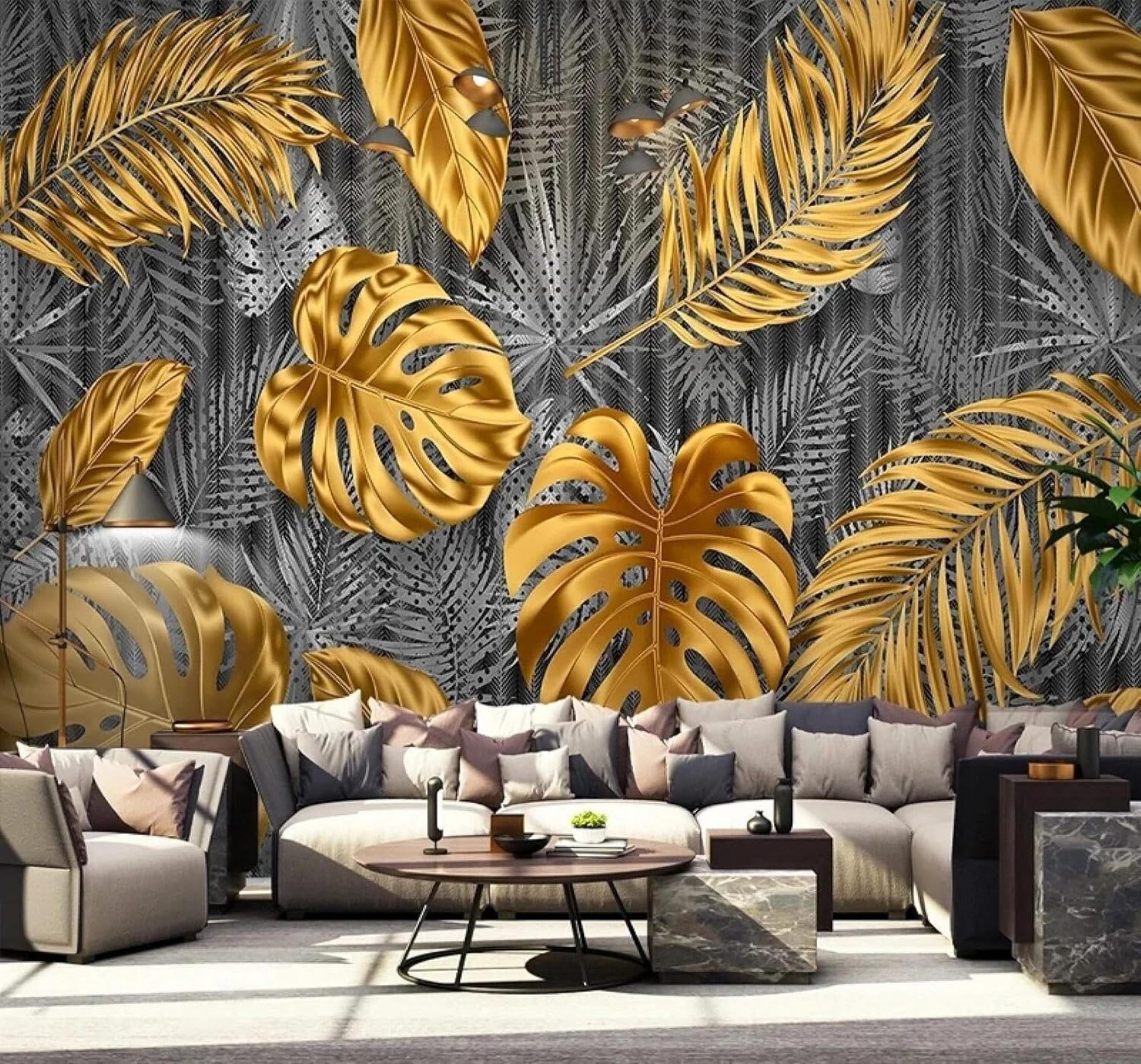 Xlming 250Cm×170Cm(B×H) Creative Three Dimensional Gold Leaf Grey Lines Banana Leaves 3D Wallpaper Silky Texture Home Study Office Grey Dining Room Sofa Bedroom Living Room Tv Backdrop-250Cm×170Cm