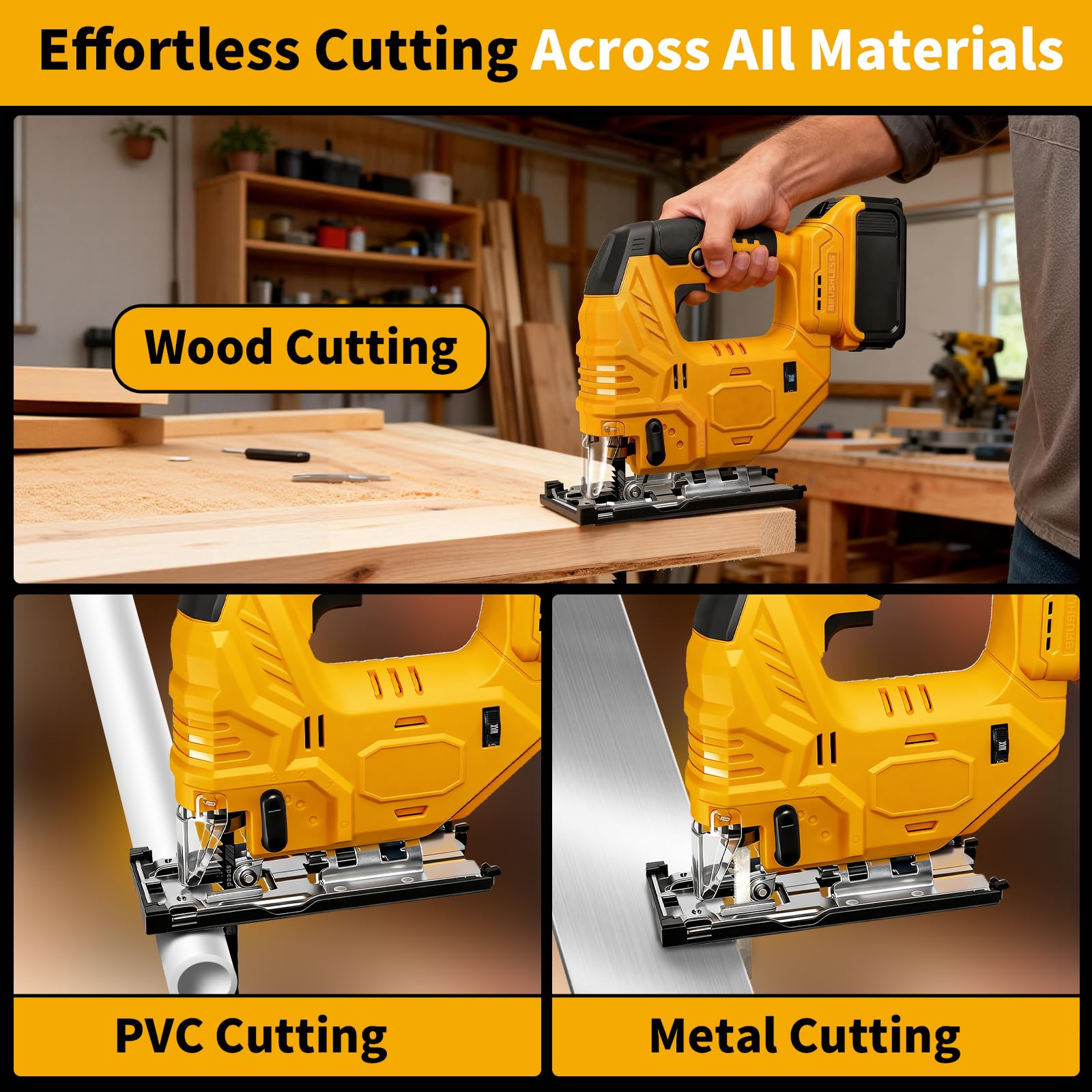 Sierra caladora compatible con batería Dewalt de 20 V (sin batería), sin escobillas, sin escobillas, con bolsa de herramientas, velocidad variable, corte biselado de 45°, 4 acciones orbitales
