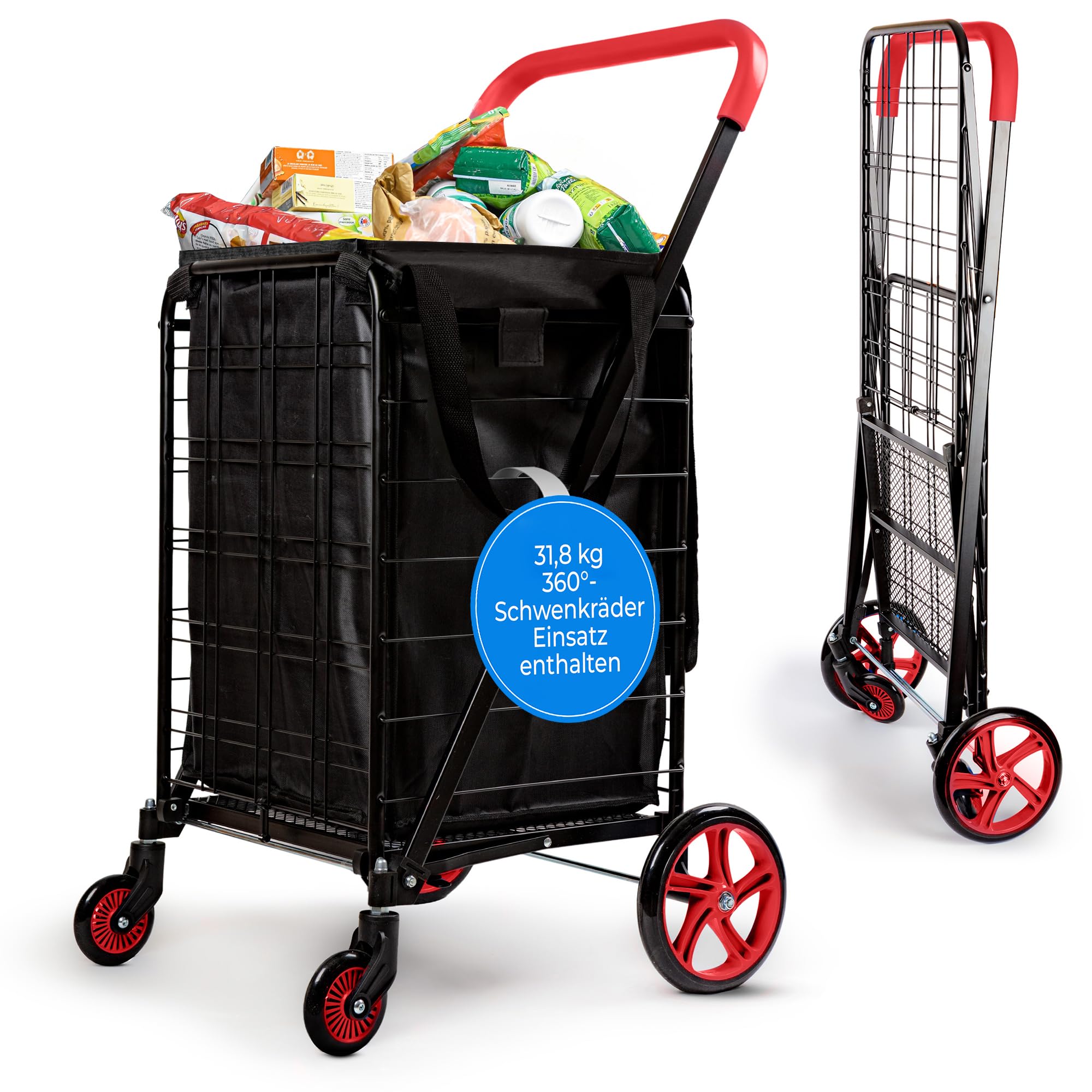 SereneLife Einkaufstrolley, Einkaufswagen, Shopping Trolley Klappbar mit 50L Kapazität, Einkaugstasche mit Rollen, Treppensteiger bis 32kg Belastbar, Shoping Cart mit abnehmbare Tasche, Rot