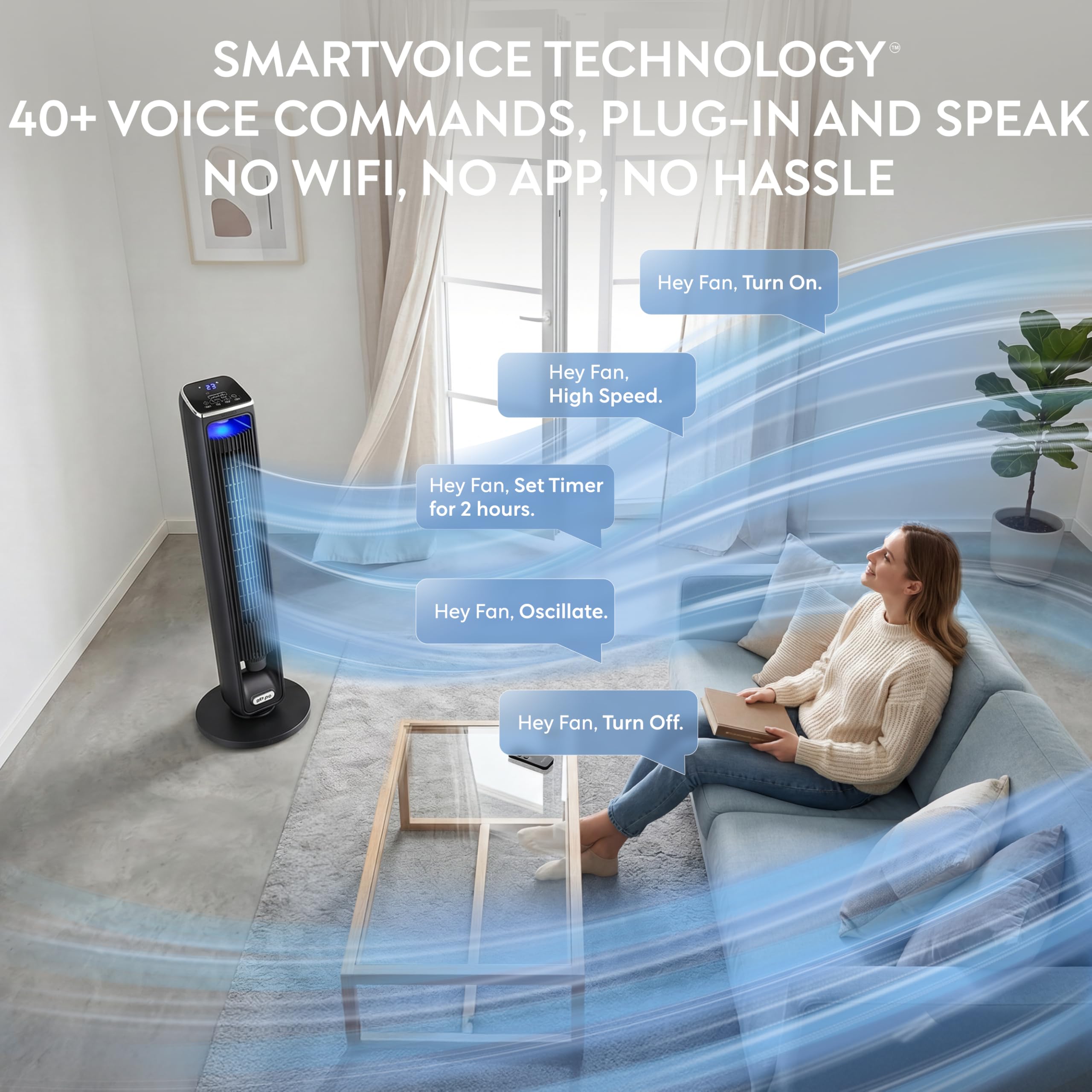 Air Pro 42" Tower Fan SmartVoice™ Control Oscillating Bladeless Fan with Remote - Tall Compact 3 Speeds Quiet 55W Motor Cooling Fan - Floor Standing Fan for Home Office - LED Display 15 Hour Timer