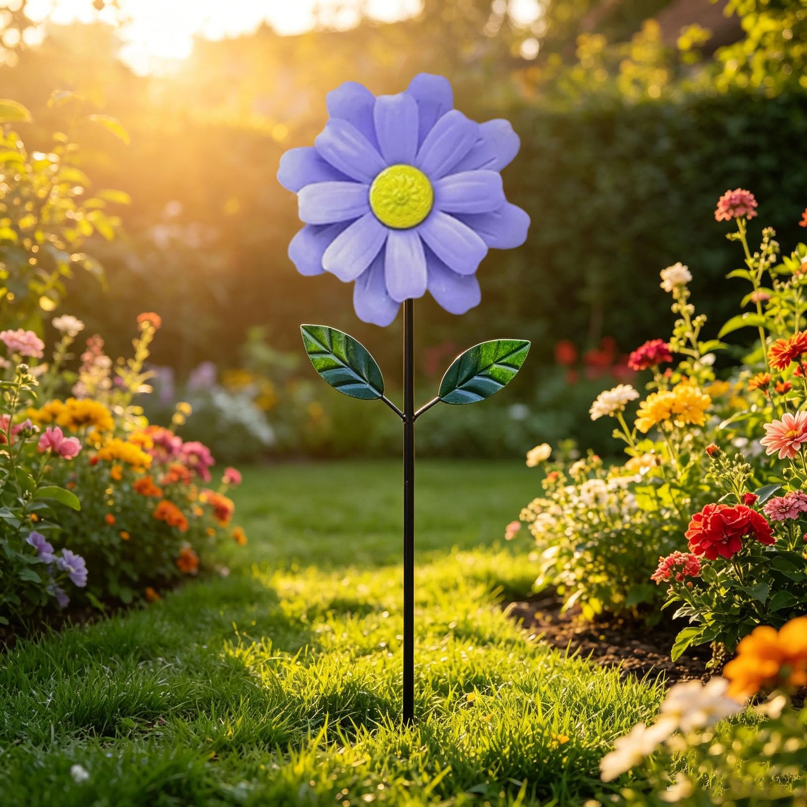 Sunflower Wind Spinner Outdoor Decor, 9.8 × 45.7 inch Metal Wind Sculptures with Stake, Outdoor Spinning Iron Windmill for Yard Garden Lawn Patio (Blue)
