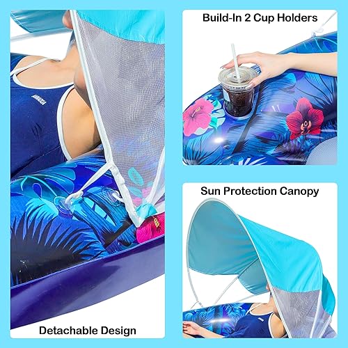 Miniatura 4 de FindUWill Flotadores de piscina con toldo para adultos  Silla flotante XL con portavasos y parasol extraíble, tumbona flotante inflable resistente