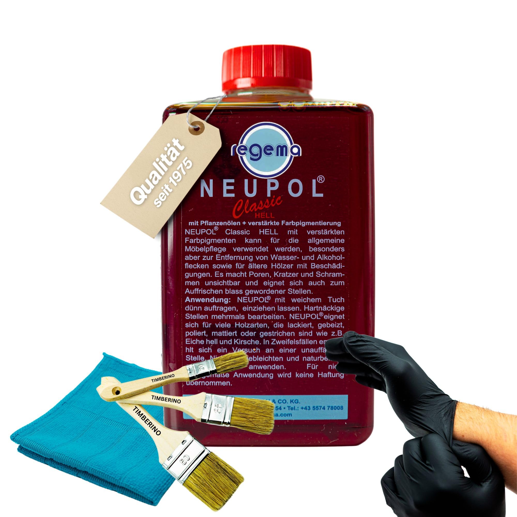TIMBERINO Pflegeset Neupol Hell Classic Holzöl [500ml] Pflegeöl für Holzmöbel innen Echtholz Furnier [Holzöl+Öltuch+Pinsel+Handschuh] Möbelpolitur Holz Holzöl