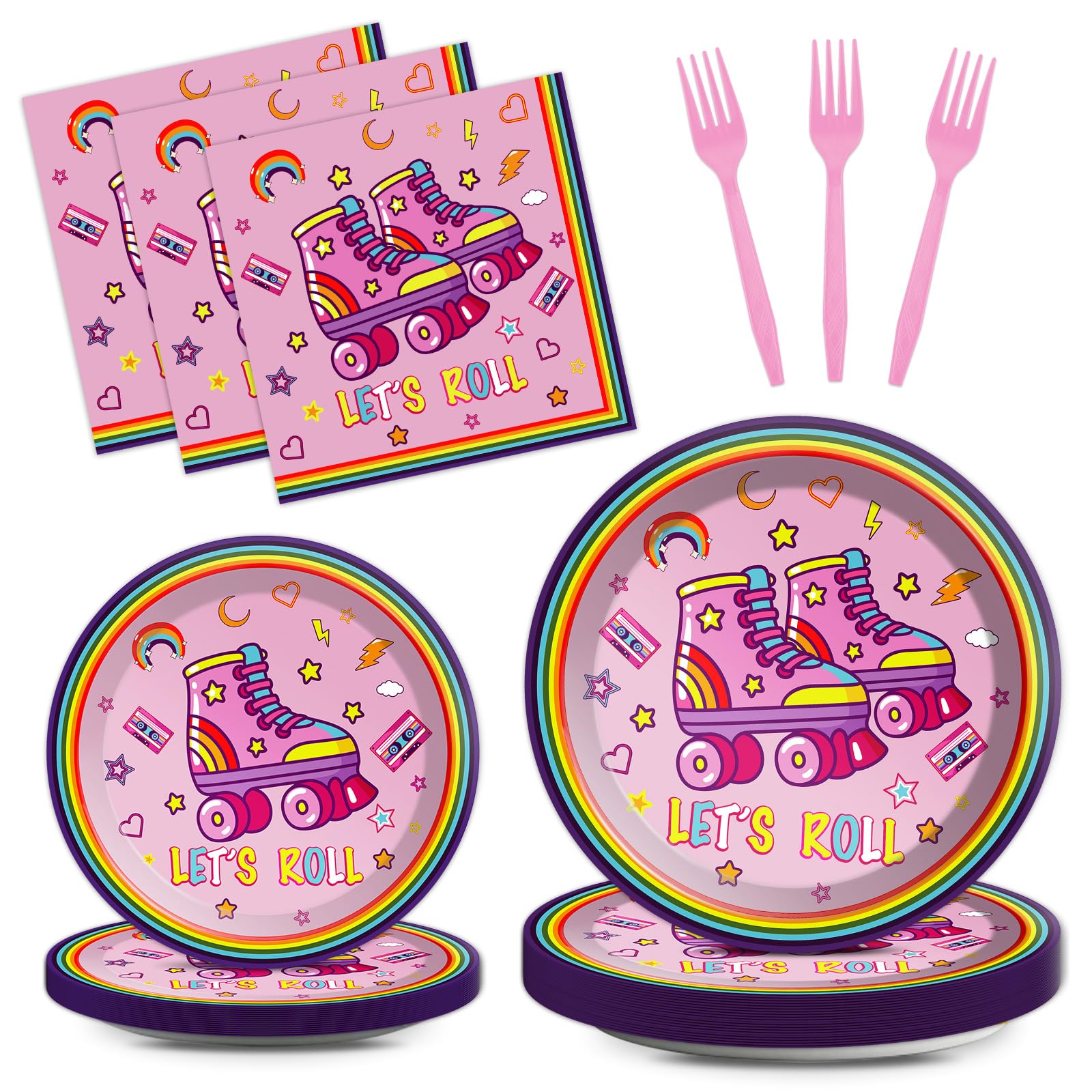 Qyeahkj 100 Pcs Roller Skating Party Plates and Napkins Set Pink Roller Skate Birthday Decorations Supplies Tableware Roll Skating Themed Party Favors