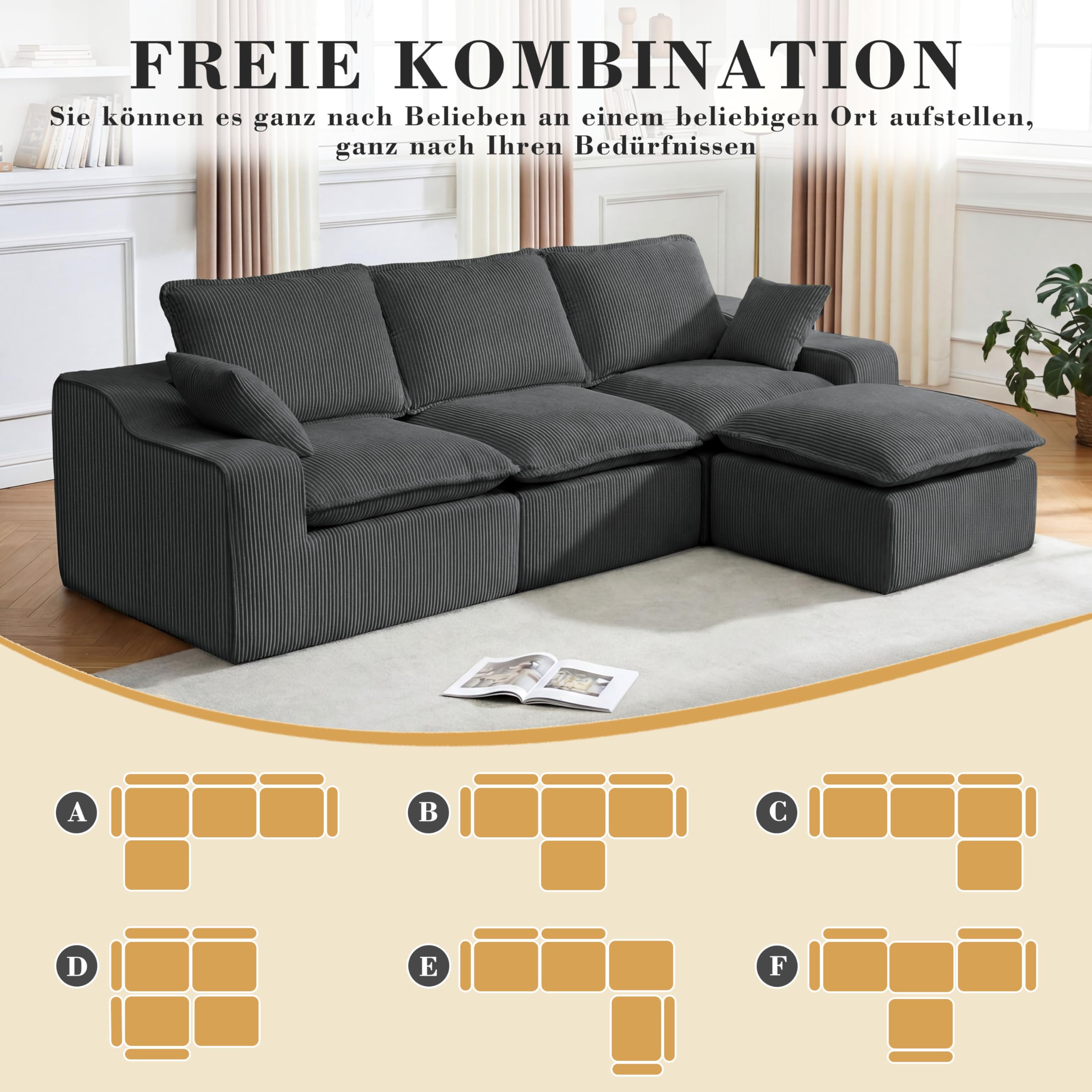 Vipbear Ecksofa, Modulares Sofa 273 cm breit, L-Form Sektionssofa 4-Sitzer mit Abnehmbarer Ottomane, Cloud-Sofa aus Cord mit Chaiselongue Links, L Sofa Couch für Wohnzimmer, Dunkelgrau