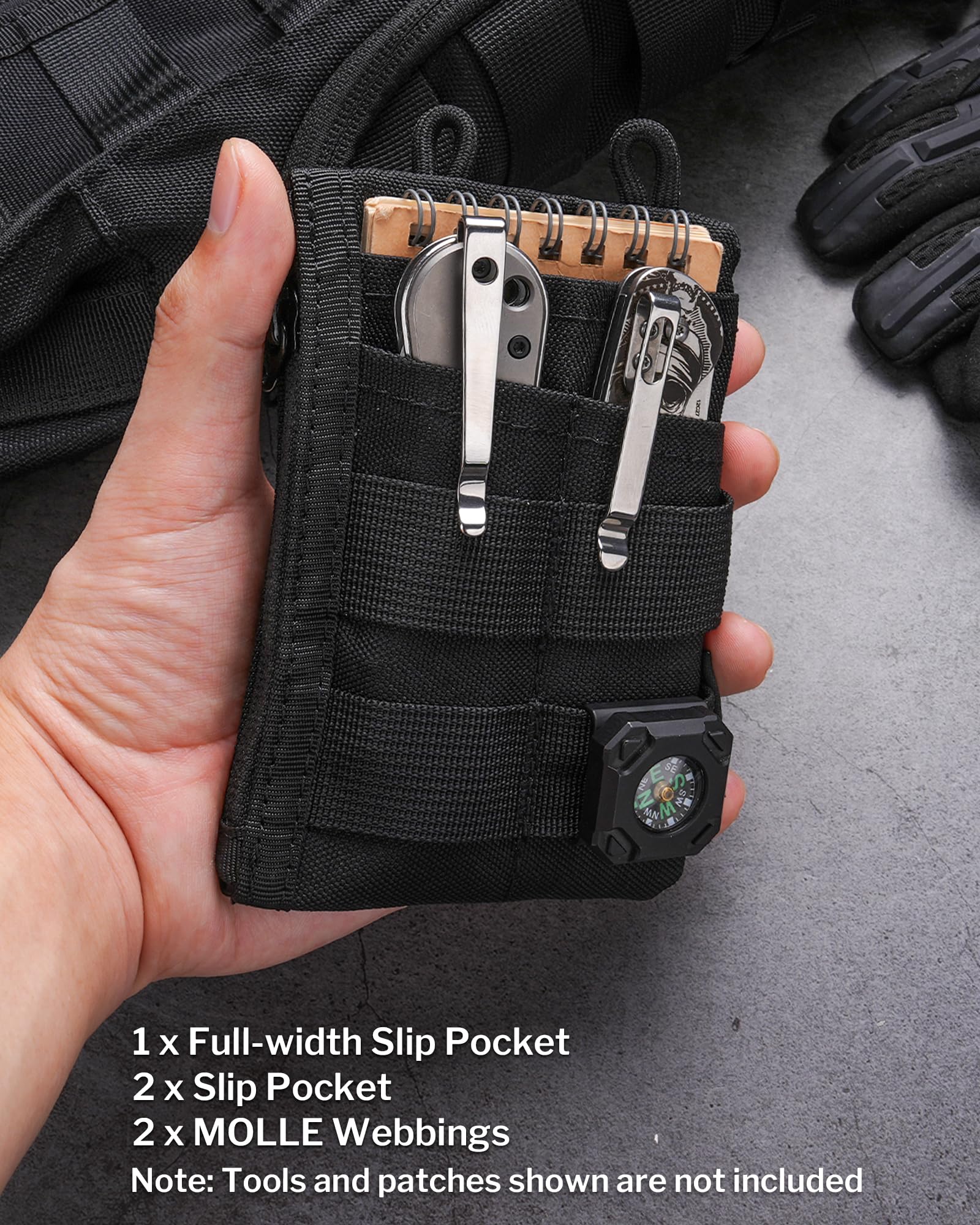 VIPERADE VE18N-M Pochette EDC, portefeuille de poche avec 3 emplacements EDC + 2 poches zippées, 1 grande poche pour ordinateur portable ou téléphone portable, organiseur de poche EDC fin pour homme