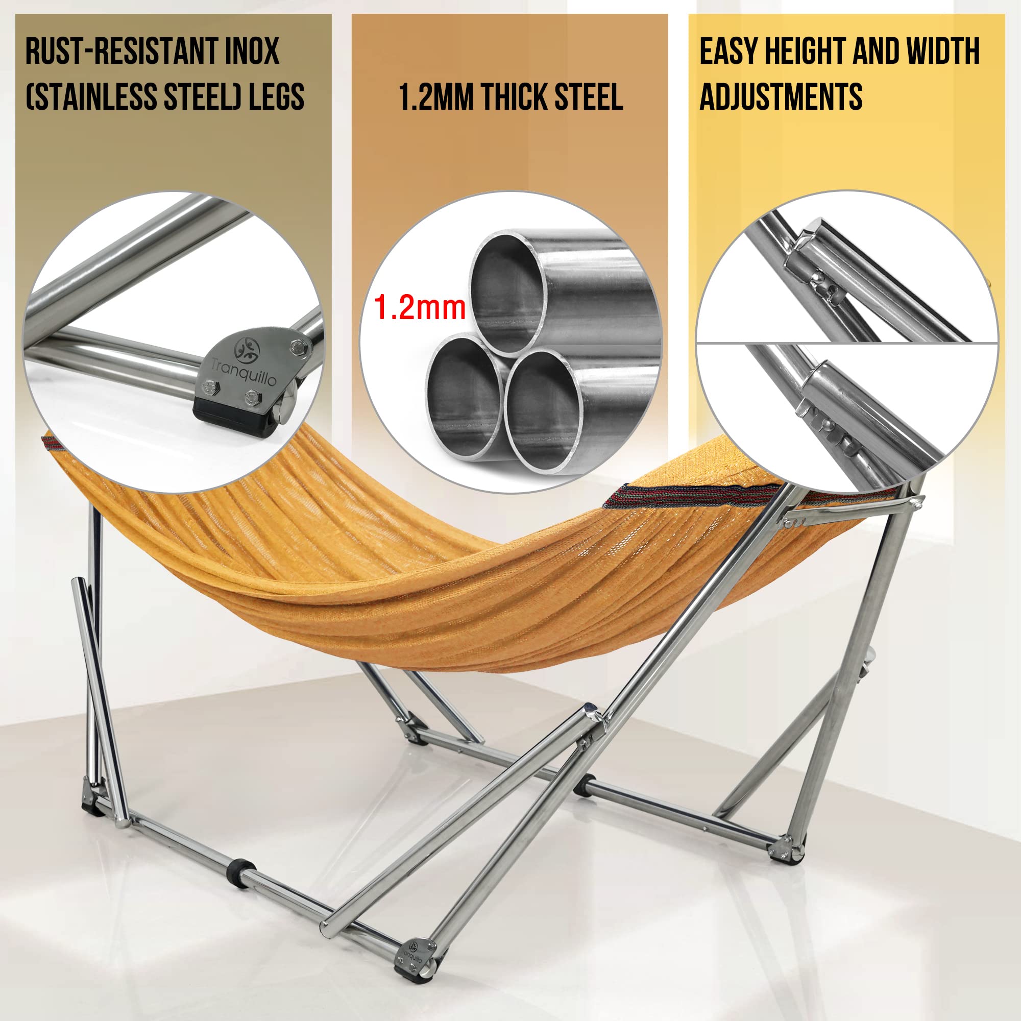 Tranquillo Double Hammock with Stand 550lb Capacity Double Hammock with Spreader Bar/Sturdy Flexible Hammock Stand Portable, Outdoor Indoor, Yellow