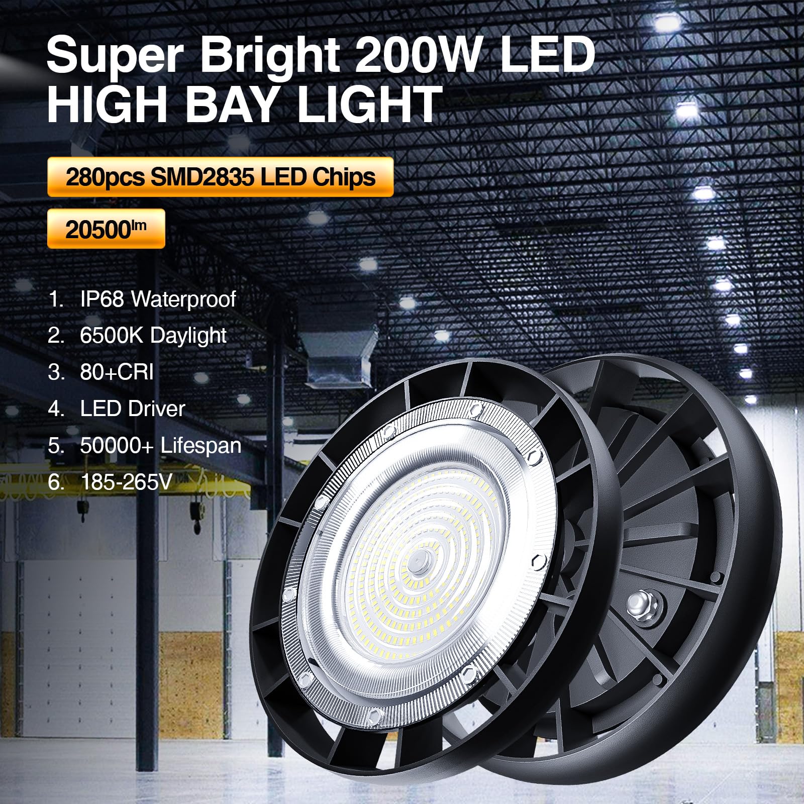 Faretto LED UFO 200W, 20500LM Lampada da Officina con Guscio in Alluminio Rinforzato, IP68 Impermeabile, 6500K Bianco High Bay Light, Proiettore Industriale Adatto per Magazzini, Garage, Fabbriche