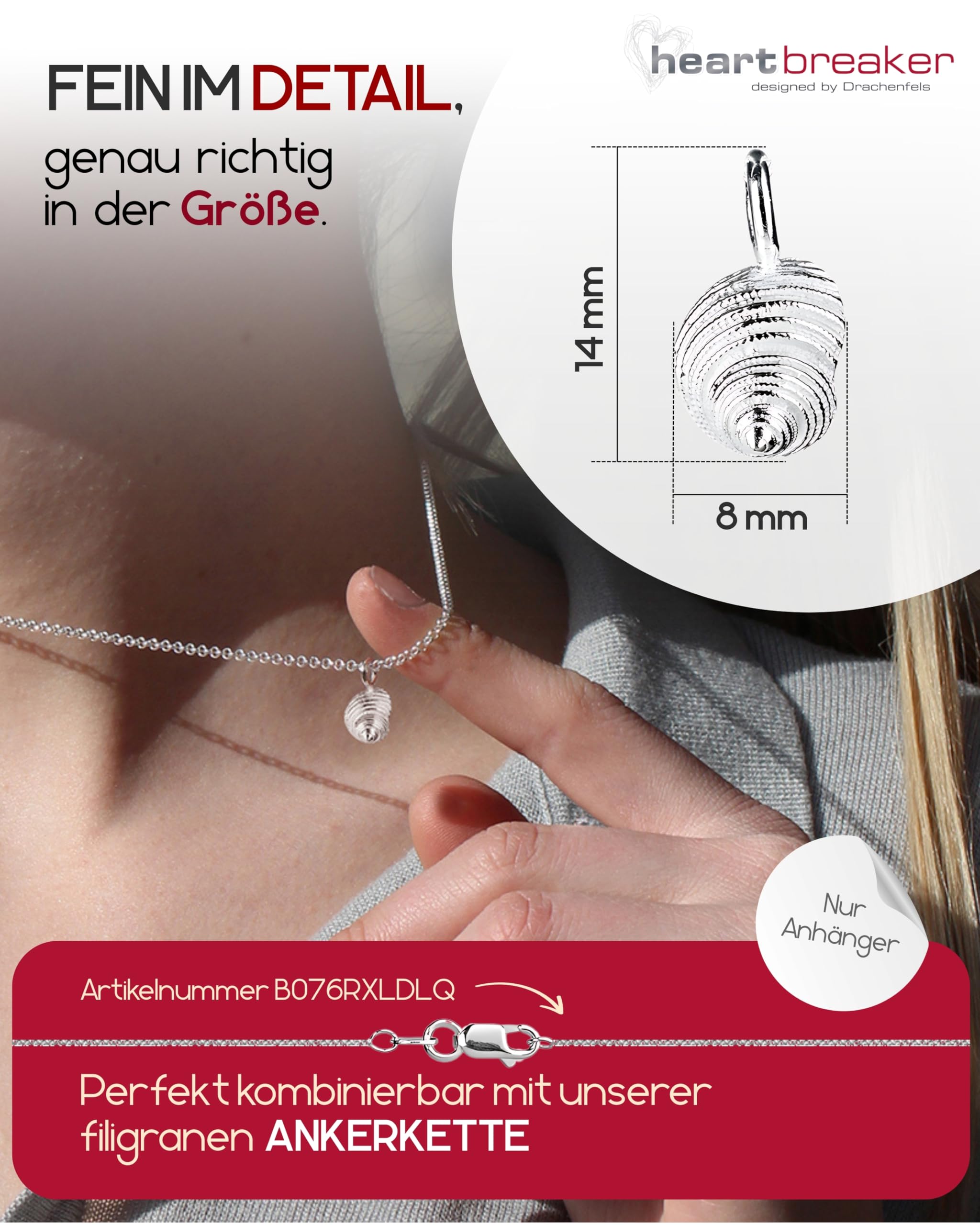 Heartbreaker "Sealife" Muschel-Anhänger klein I Edler Muschelanhänger aus 925 Sterling Silber I Nickelfreier Kettenanhänger in Goldschmiedequalität I Hochwertiger Anhänger für Damen I LD SL 39