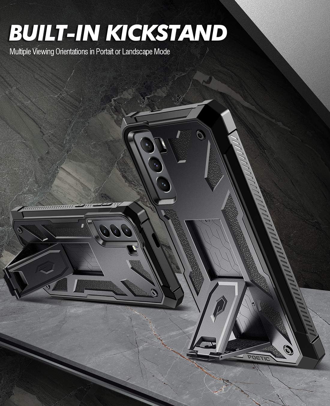 Exclusive Special Poetic Spartan Case for Samsung Galaxy S21 5G 6.2 inch, Built-in Screen Protector Work with Fingerprint ID, Full Body Rugged Shockproof Protective Cover Case with Kickstand, Metallic Gun Metal