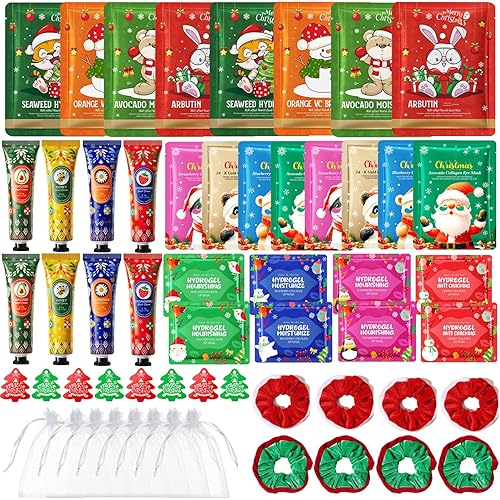 56PCS Christmas Spa Party Supplies,Christmas Spa Favors for Women, Facial Masks,Under Eye Patches,Hand Cream, Lip mask,Hair Band,Merry Christmas Tags and Organza Bags,Skincare Set, Home Spa Kit