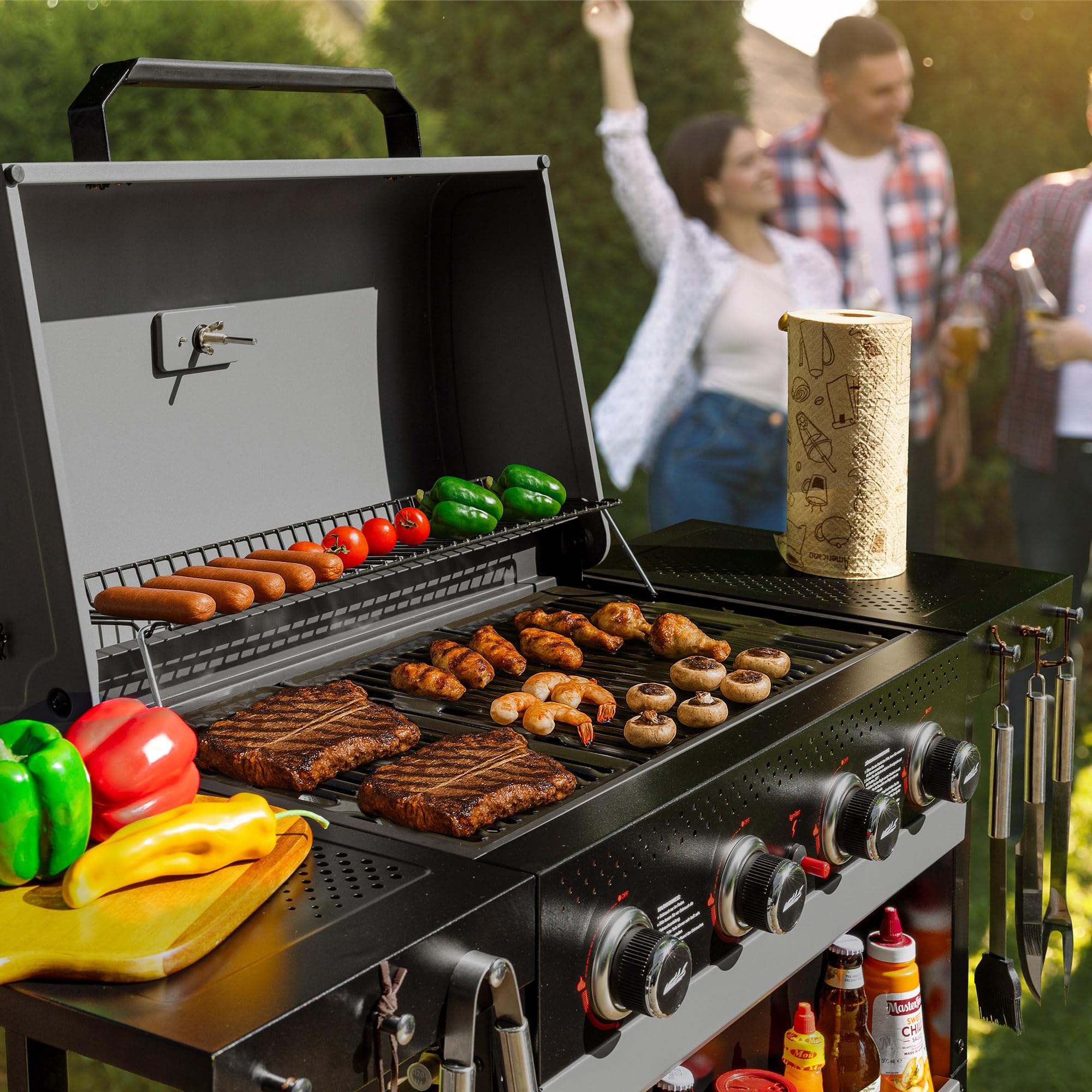 Royal Gourmet 4-Brenner Gasgrill 10 kW Grillwagen mit klappbaren Seitenablagen, Ablagekorb, Outdoor Gasgrill für Balkon, Terrasse, Garten und Camping