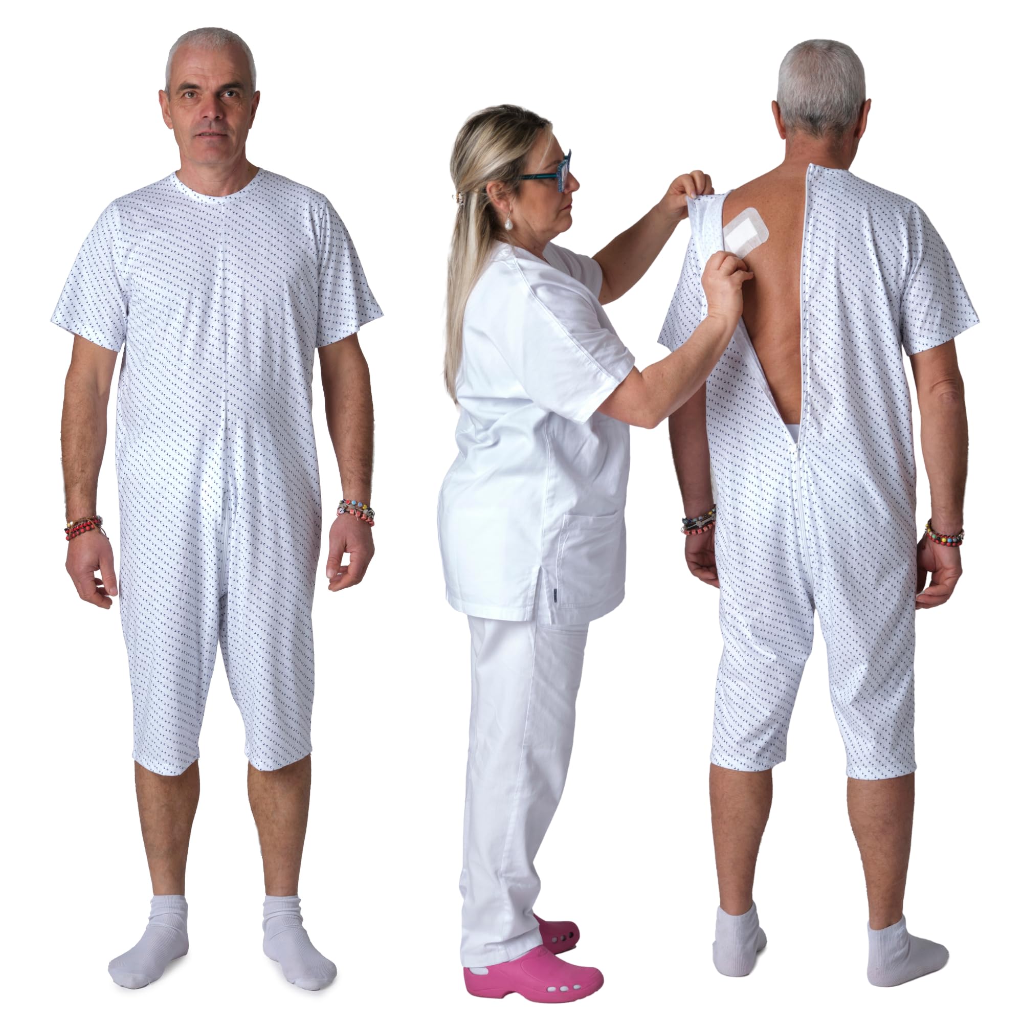 FERRUCCI COMFORT Pyjama Santé Col rond Manches Courtes Pantalon Court - 9017 MC PC - pour Personnes âgées, Incontinence, Alzheimer, Démence, 100% Coton Léger