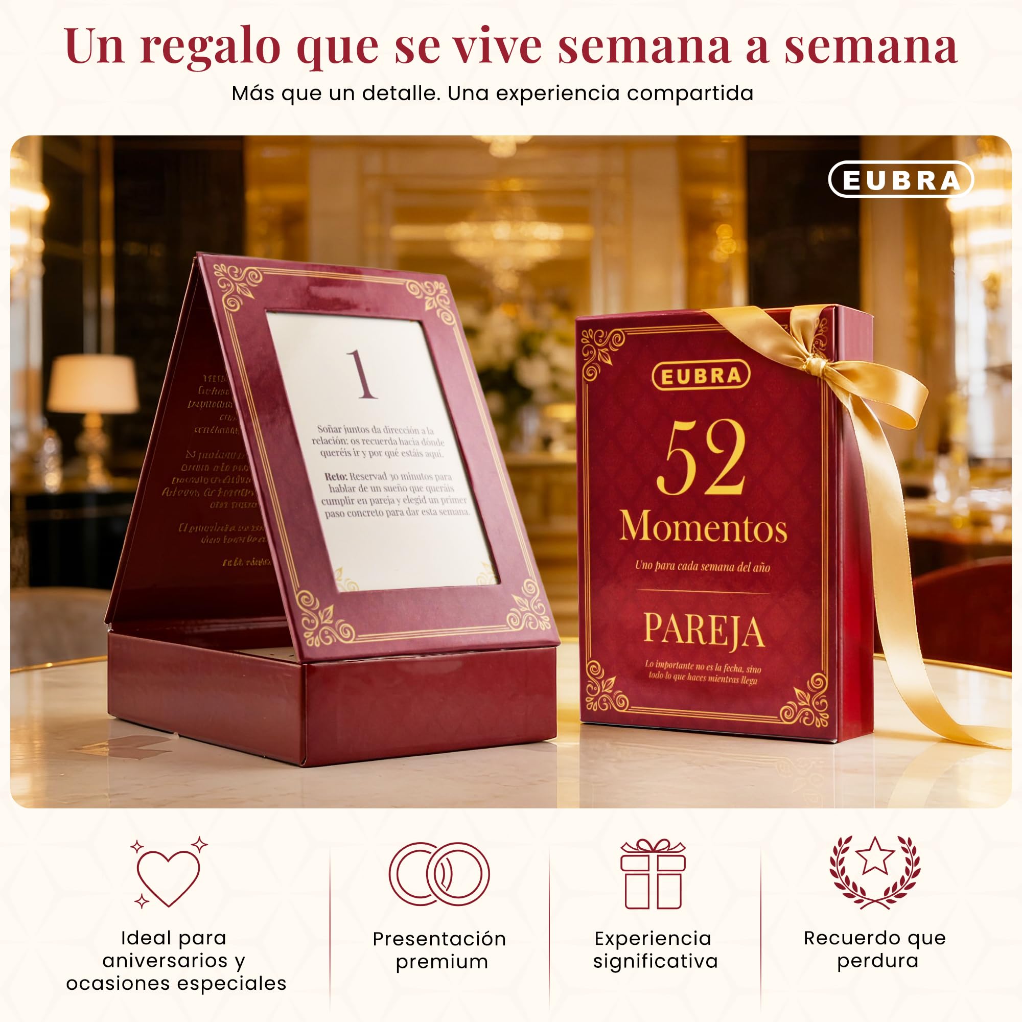 EUBRA 52 Momentos Pareja • Ritual Semanal 52 Tarjetas con Reflexiones y Retos • Caja Atril Decorativa • Regalo Original Aniversario Boda Matrimonio San Valentín Novios Hombre Mujer Amor Conexión — view 4