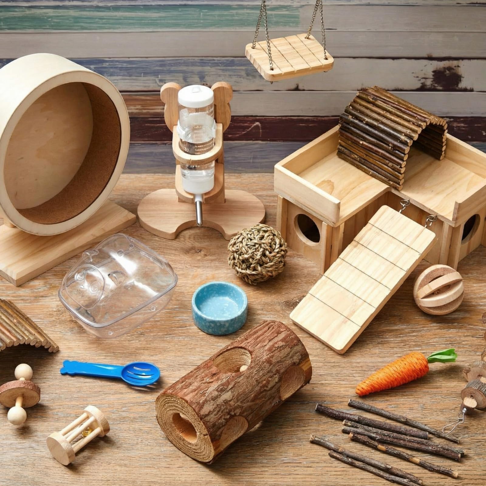 Lot de 19 jouets pour hamster, tronc d'arbre en bois, tunnel, tube silencieux, roues d'exercice, bouteille d'eau, bol de bain de sable, 10 types de jouets à mâcher pour hamster, habitat