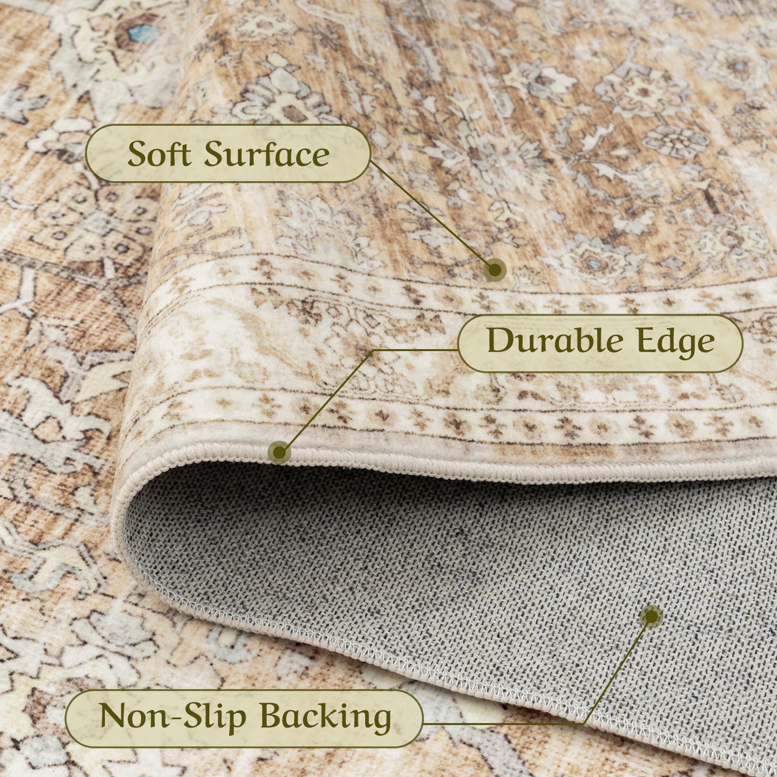 HOMFINE Tappeto Salotto Tappeto Vintage - Tappeto Soggiorno Tappeto Pelo Corto Lavabile Tappeti Salotto Grandi Tappeto Camera da Letto Tappeto Antiscivolo per Sala da Pranzo Beige Marrone 240 x 340 cm