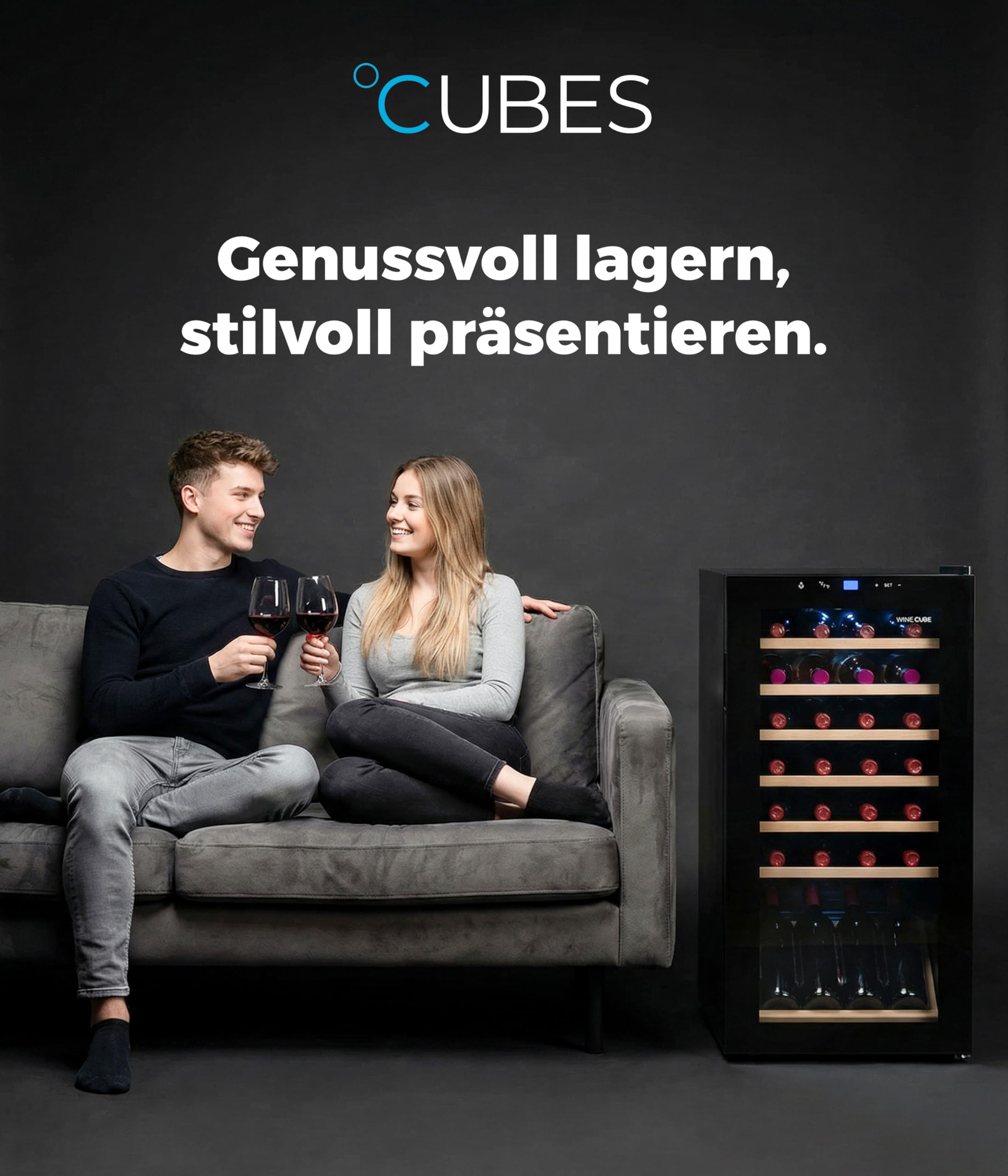 °CUBES Weinkühlschrank 28 Flaschen 90L Glastür Buchenholz 5-18°C vibrationsarm leise 40dB LED Display