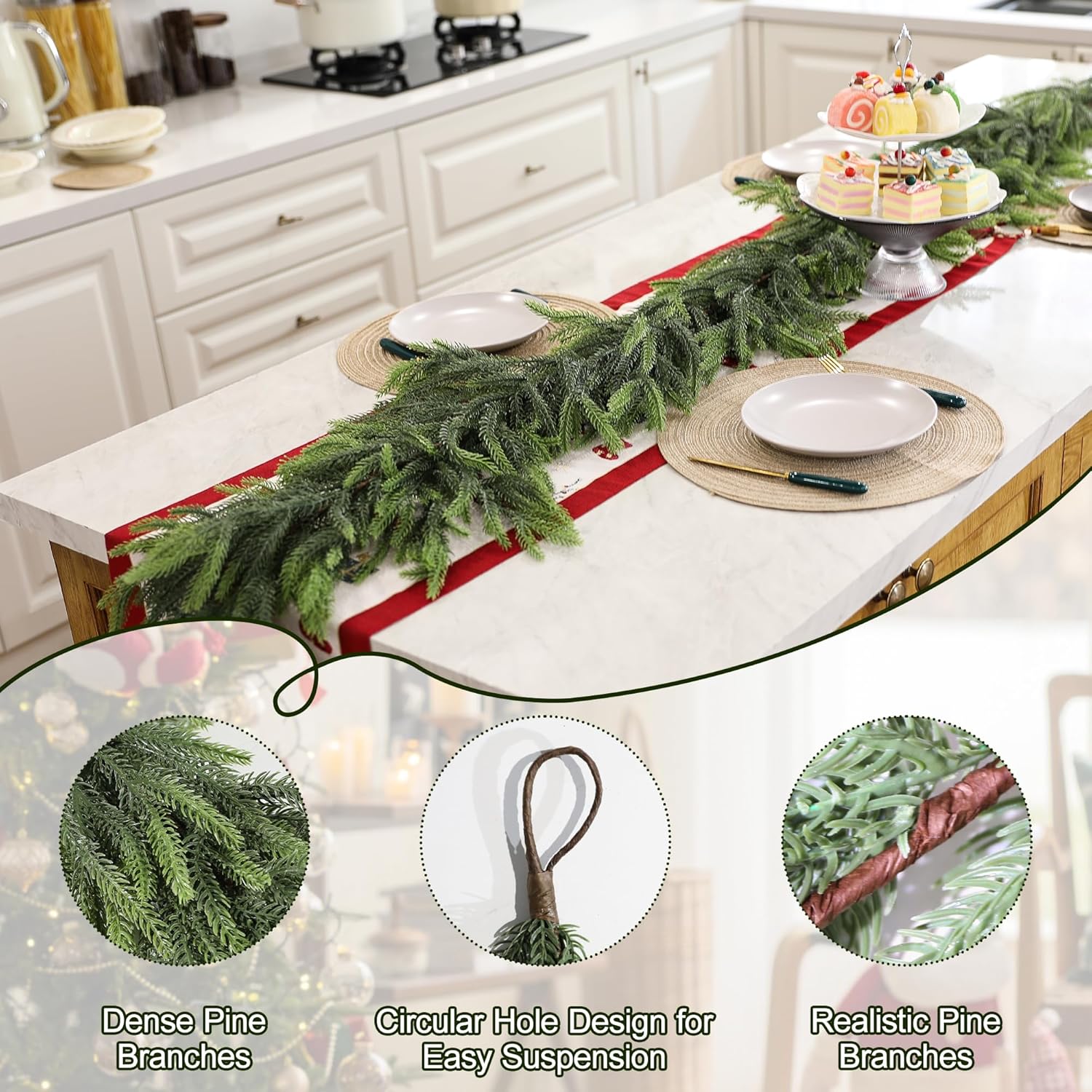 9ft Real Touch Norfolk Pine Garland Realistic Christmas Greenery Garland for Table Mantle Fireplace Indoor Outdoor Xmas Decor - Image 2