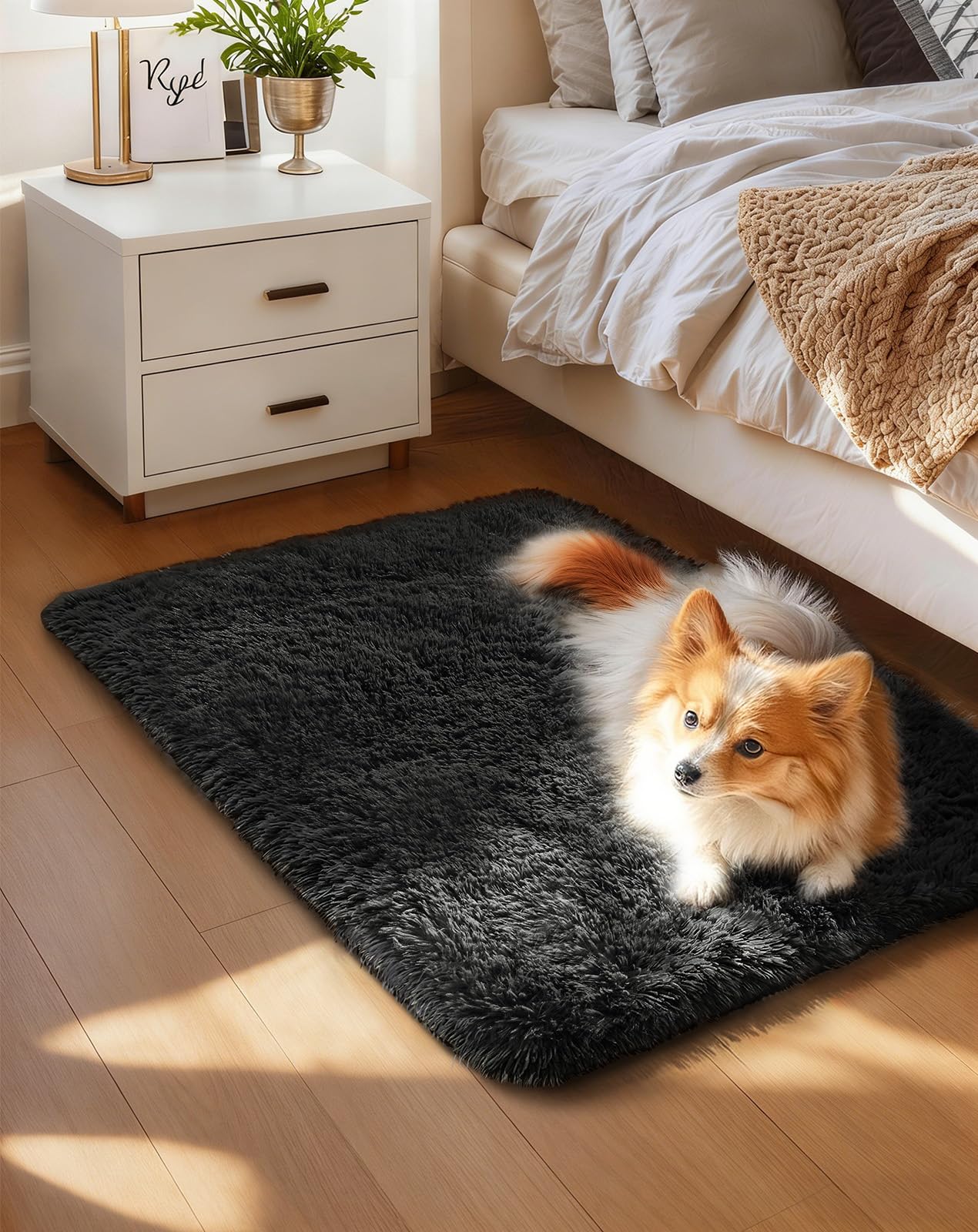 Ophanie Small Rug Washable Non Slip Throw Bedside Area Rugs, Fluffy Soft Mini Bedroom Carpet, Door Entryway Indoor Inside Front Entrance 1.5x2.5 Mat, Home Decor Aesthetic, Black