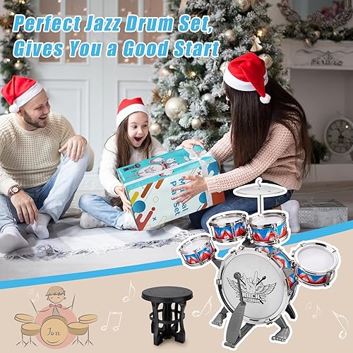 Miniatura 7 de Juego de batería para niños pequeños, kit de batería de jazz con taburete, instrumentos musicales, juguetes de cumpleaños, Navidad, regalos de