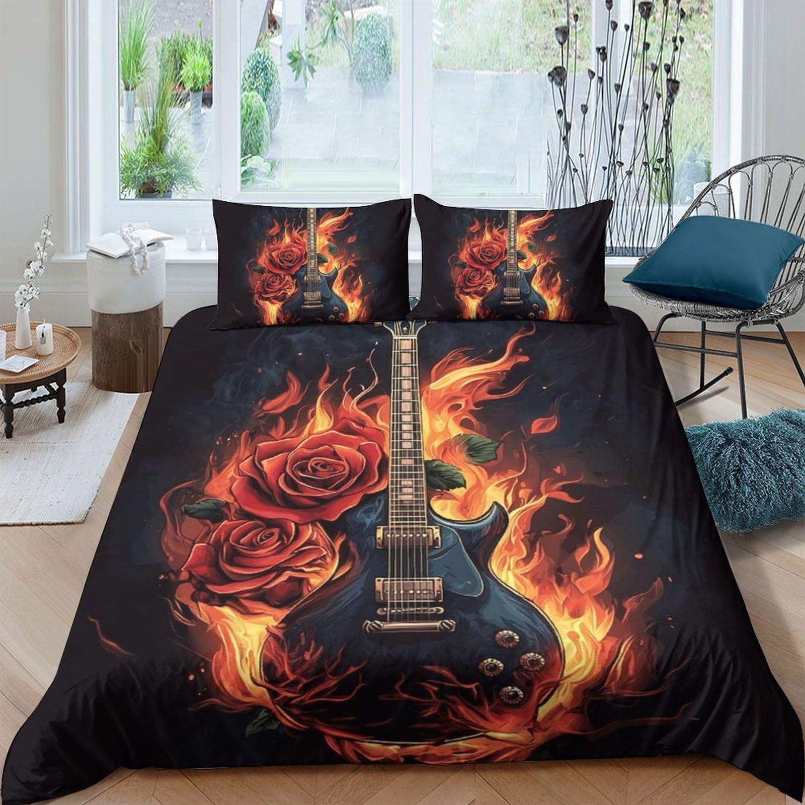 Ctjqhvkz Style-3 3D Printed Flaming Guitar Fitted Sheet Microfiber Soft Black Roses Mattress Cover For Bedroom Dorm Room Mattress Protection Decor Single（135X200cm）