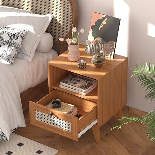 Miniatura 4 de EasyCom Juego de 2 mesitas de noche, mesa de noche con cajón de ratán y pies de madera maciza, pequeña mesa auxiliar moderna de mediados de siglo
