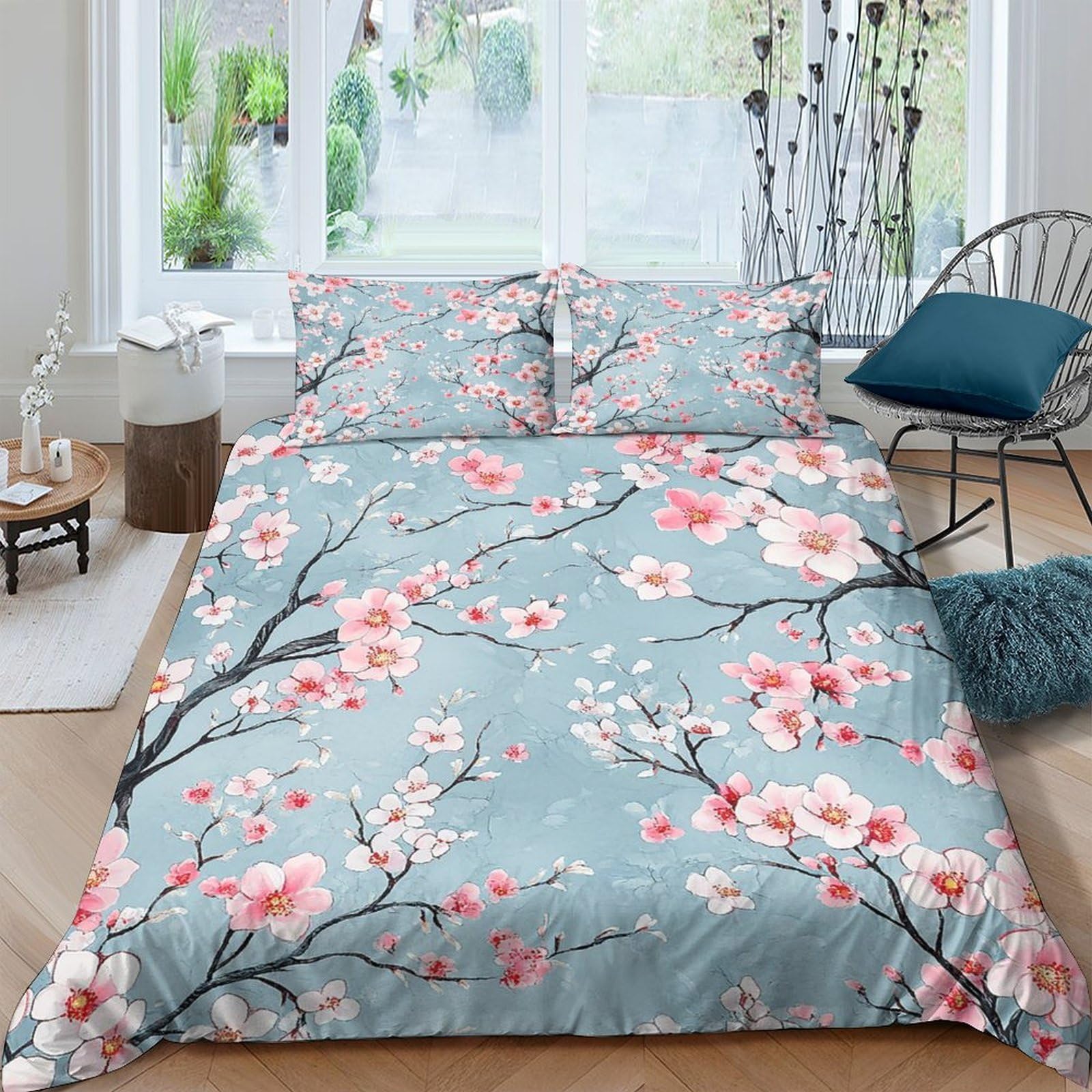 GPLZQXKJNH 3D Printed Sakura Blossom Duvet Cover Set Microfiber Soft Blue Floral Quilt Cover with 2 Pillowcases for Bedroom Decor Single（135x200cm）
