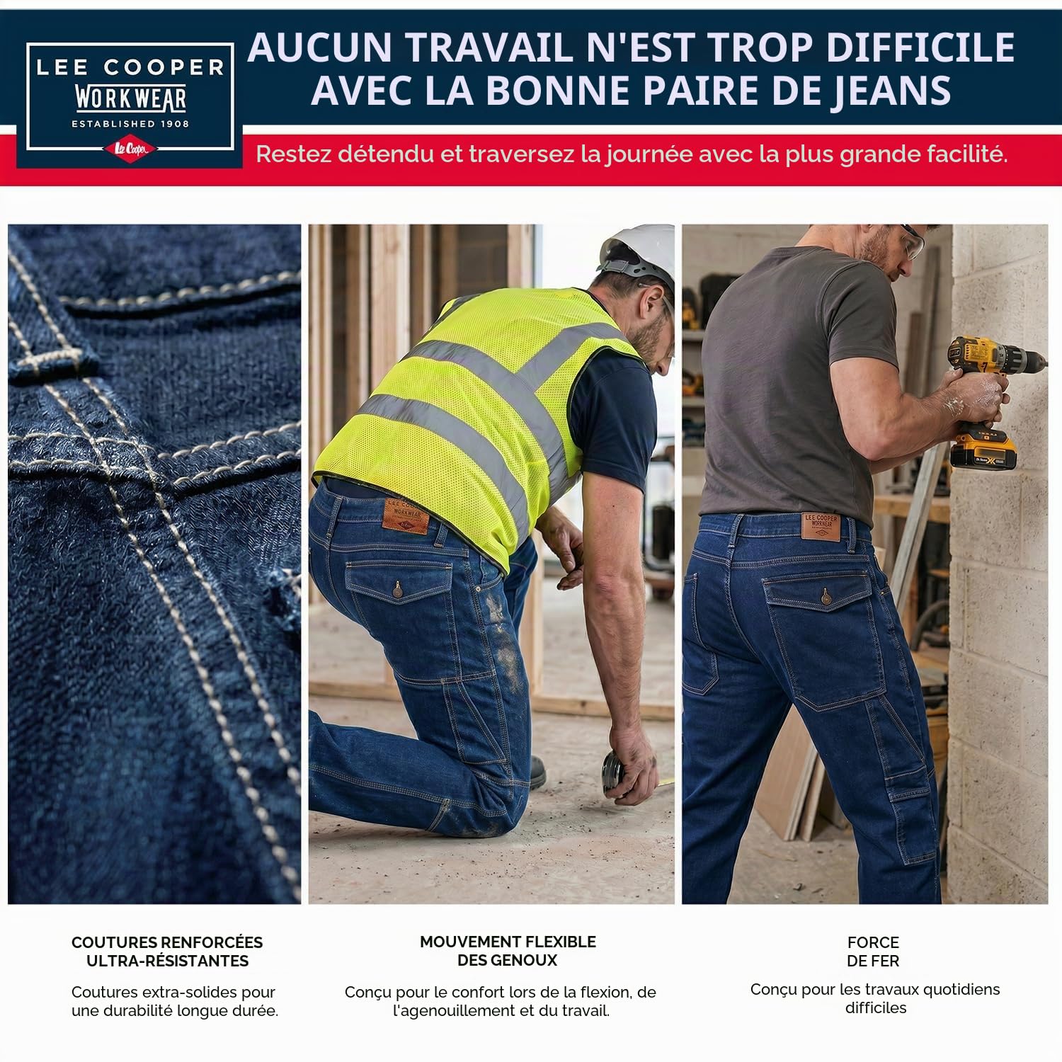 Lee Cooper Jean Cargo Homme Regular Fit – Pantalon Denim Stretch Multi Poches, Jean Travail Carpenter Résistant Workwear pour Chantier Loisirs