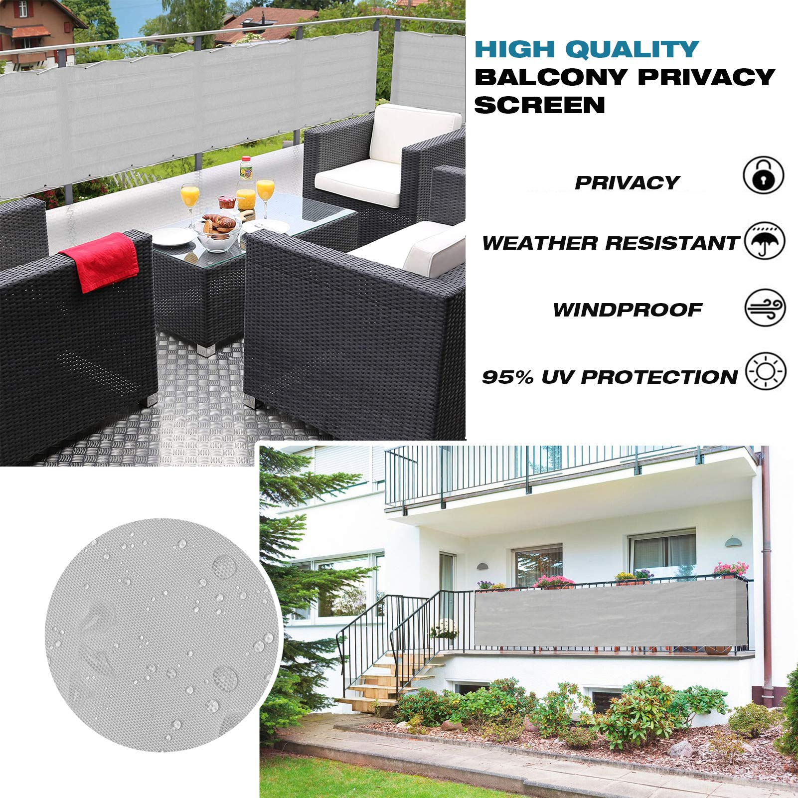 Balkon 50 cm x 1450 cm, ochrona przed promieniowaniem UV, łatwa pielęgnacja, szara, regulowana długość, idealna na ogrodzenie ogrodowe lub balkon