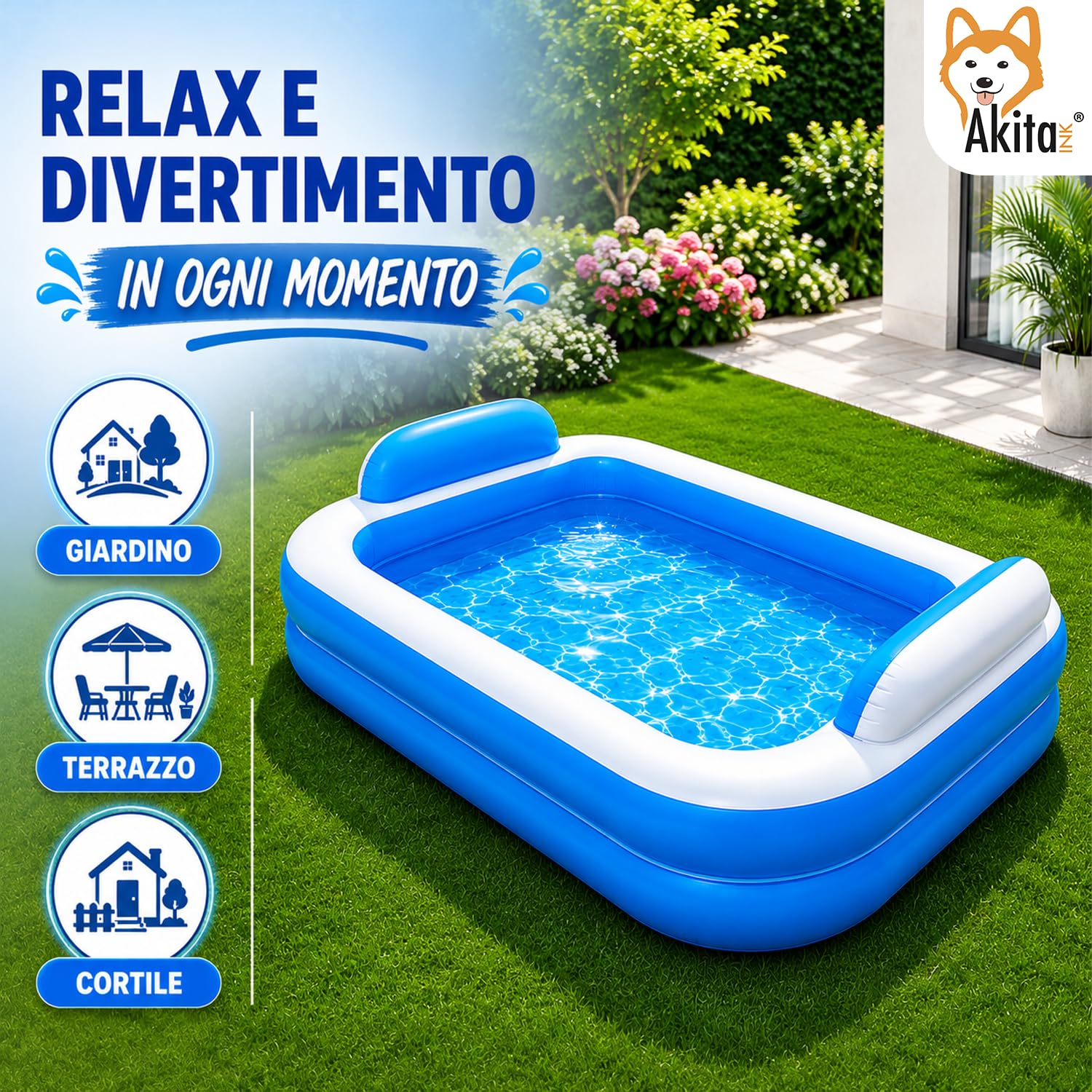 Akitaink Piscina Gonfiabile Rettangolare 266x175x50 cm con Cuscini Integrati, in Vinile Resistente per Bambini dai 3 Anni, Colore Azzurro e Bianco