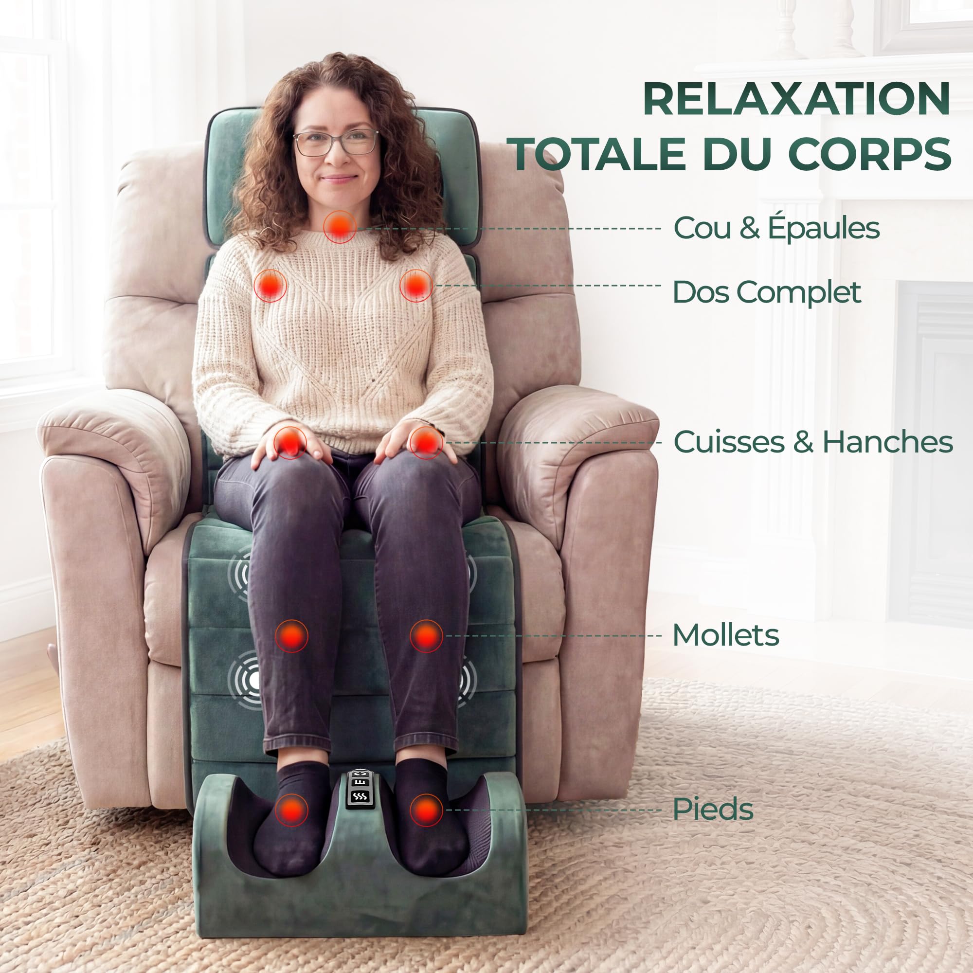 Tapis de Massage Shiatsu 3-en-1 : Masseur Cou Amovible, Matelas de Vibration Corps Entier avec Chaleur et Appareil de Massage des Pieds, Soulagement Dos et Jambes, Pliable, Velours, Vert
