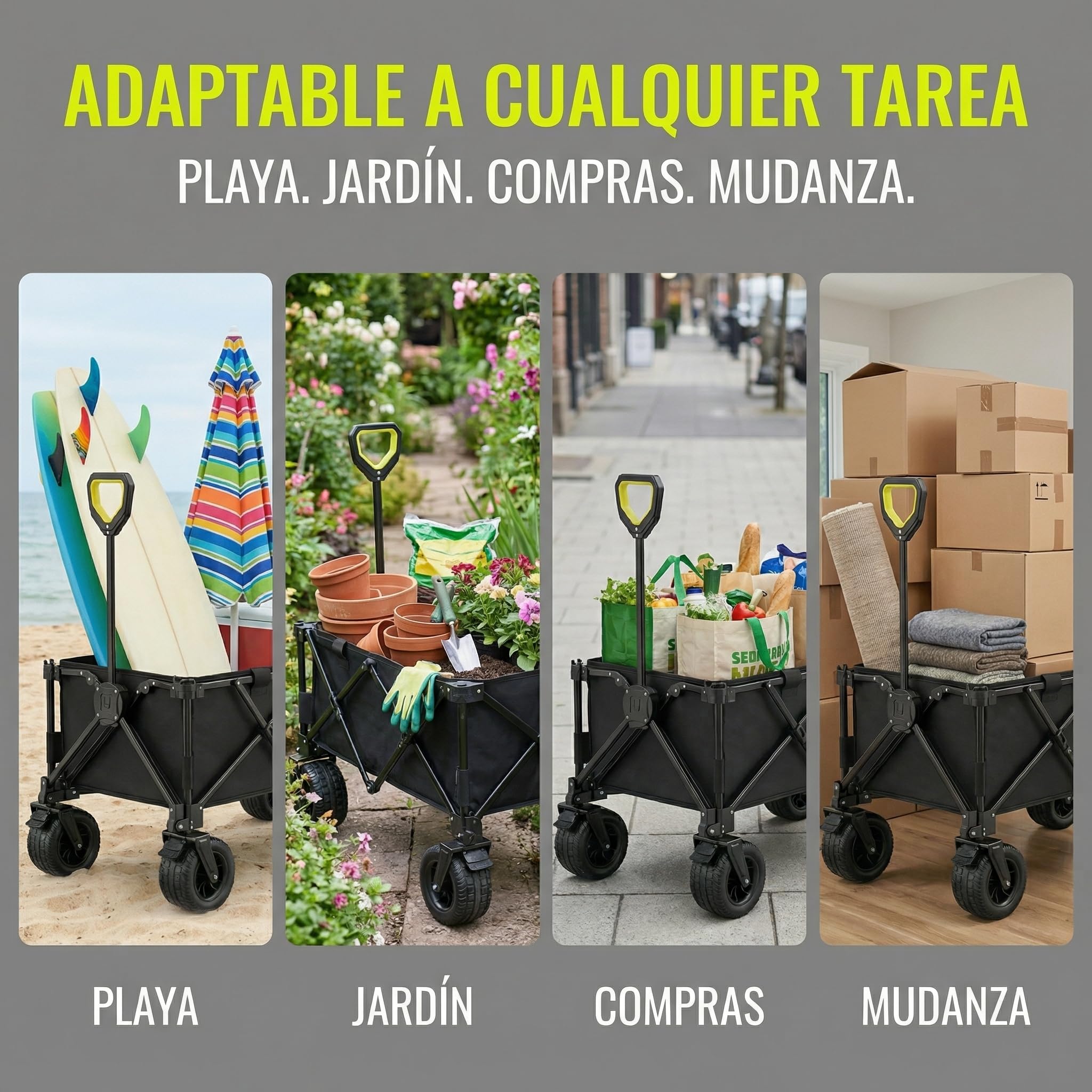 Carrito Plegable de Playa y Camping 120 kg, Carro de Transporte con Ruedas Anchas Todoterreno 360°, Tela Oxford 600D Impermeable, Mango Telescópico, Freno, Base Reforzada y Funda, Negro
