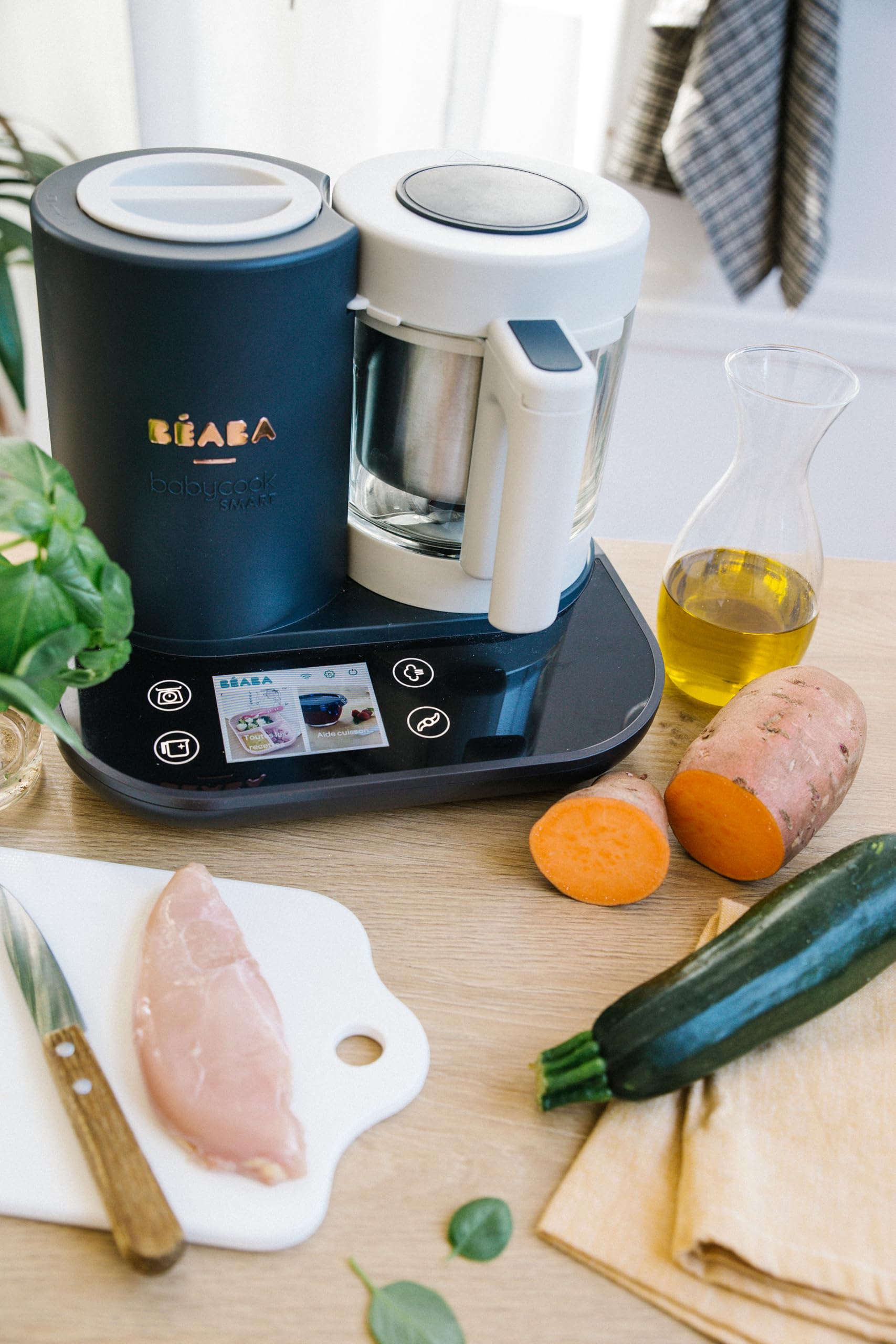 BÉABA Babycook Smart Robot Cuiseur Mixeur Bébé Connecté 2.25L Bol Verre Panier Inox Cuisson Vapeur Écran Tactile Anthracite