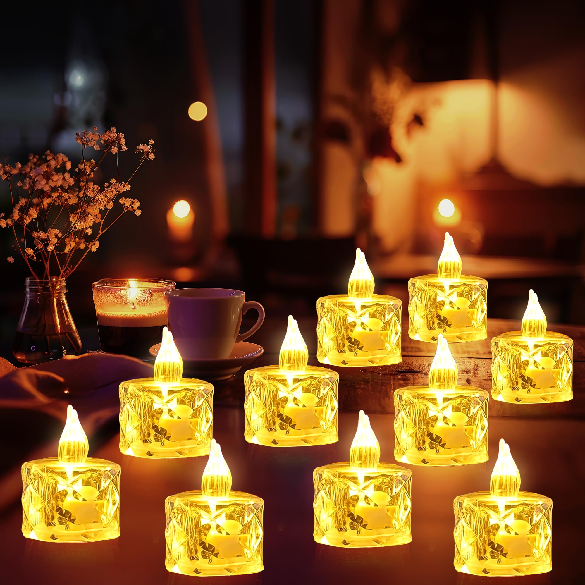 Party Propz Crystal Led Tea Light Candle – Set of 6 (2.3in X 1.3in, Yellow Warm Glow), Battery Operated with On/Off Switch, Decorative Candle Lights for Decoration, Weddings, Events & Gifting