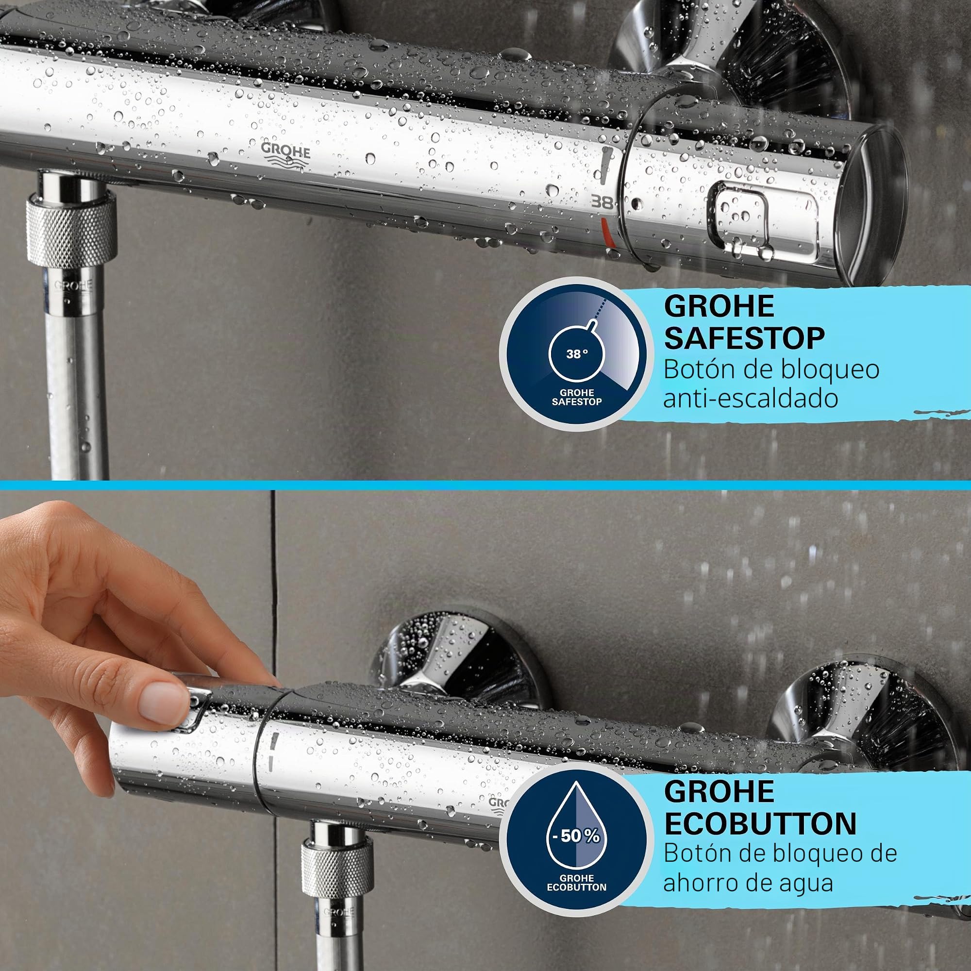 GROHE Precision Start Conjunto de barra de ducha con termostato, 3 tipos de chorro, barra de ducha de 900 mm, incluye herramientas de instalación, cromo 34854001