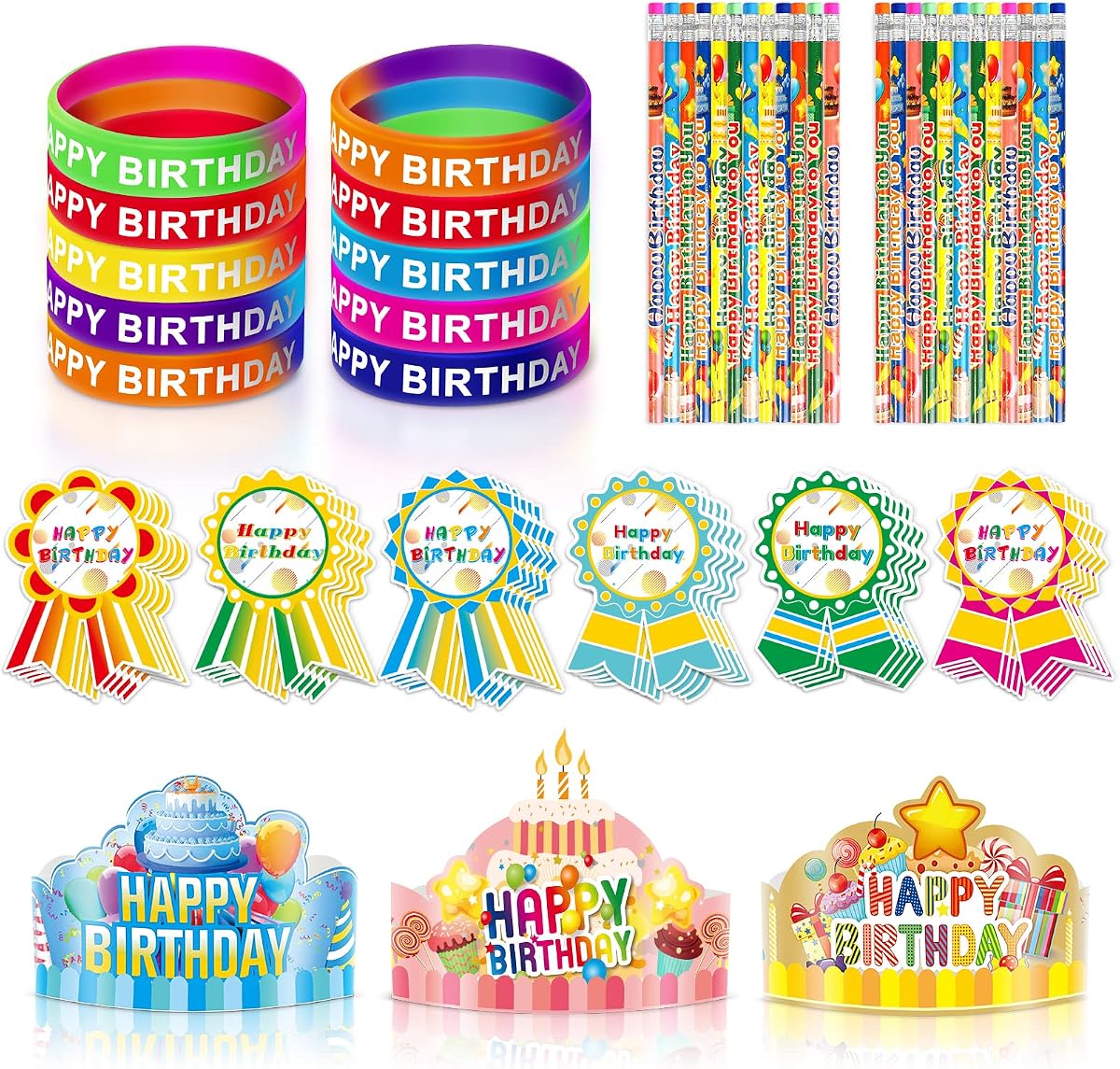 LACCHOUFEE 120 piezas kits de feliz cumpleaños para el aula de niños – Incluye sombreros ajustables de feliz cumpleaños, estiramientos de silicona de colores, pegatinas y lápices, suministros para fiestas escolares de jardín de infantes