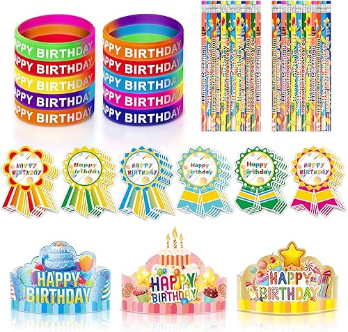 LACCHOUFEE Kits de 120 piezas de feliz cumpleaños, incluye sombreros ajustables de feliz cumpleaños, estiramientos de silicona de colores,