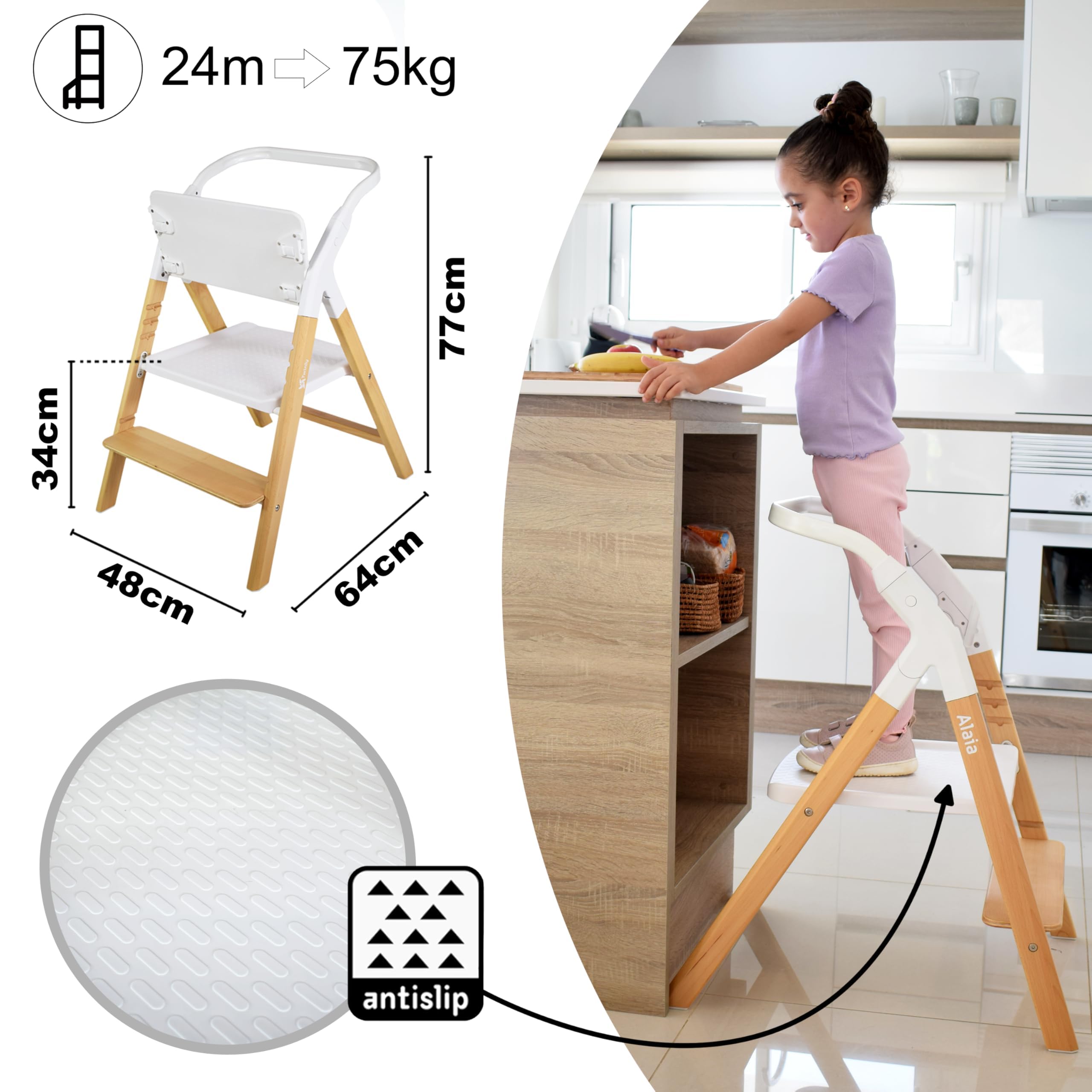 Twinly - Seggiolone Pappa Evolutivo 5 in 1 Multifunzione Funzione Dondolo, Torre di Apprendimento, Sedia - dalla Nascita 0m+ - Pieghevole e Ergonomica in Legno di Faggio- Alaia