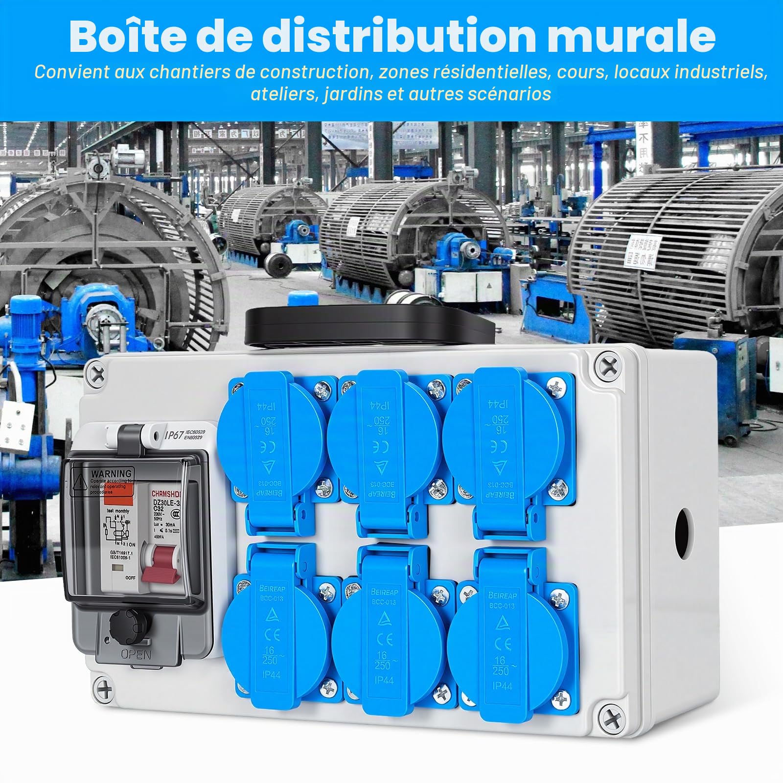 Coffret de chantier 16A IP67 avec 6 prises Schuko & interrupteur différentiel 30mA, Boîtier de distribution électrique 230V, Réglette étanche murale avec disjoncteur de protection
