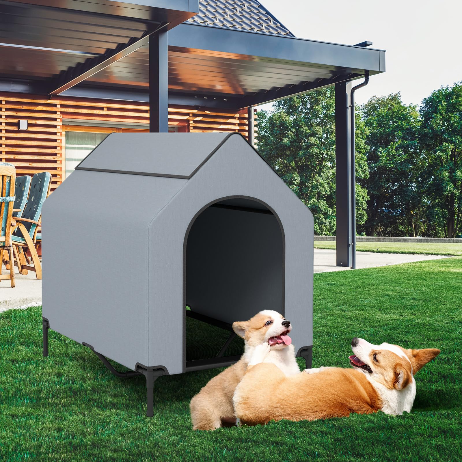 GOPLUS 2 en 1 Niche Surélevée pour Chien, Tente Résistant aux Intempéries avec Fenêtres Ventilées, Lit en Tissu Maillé, Intérieur Extérieur (M)