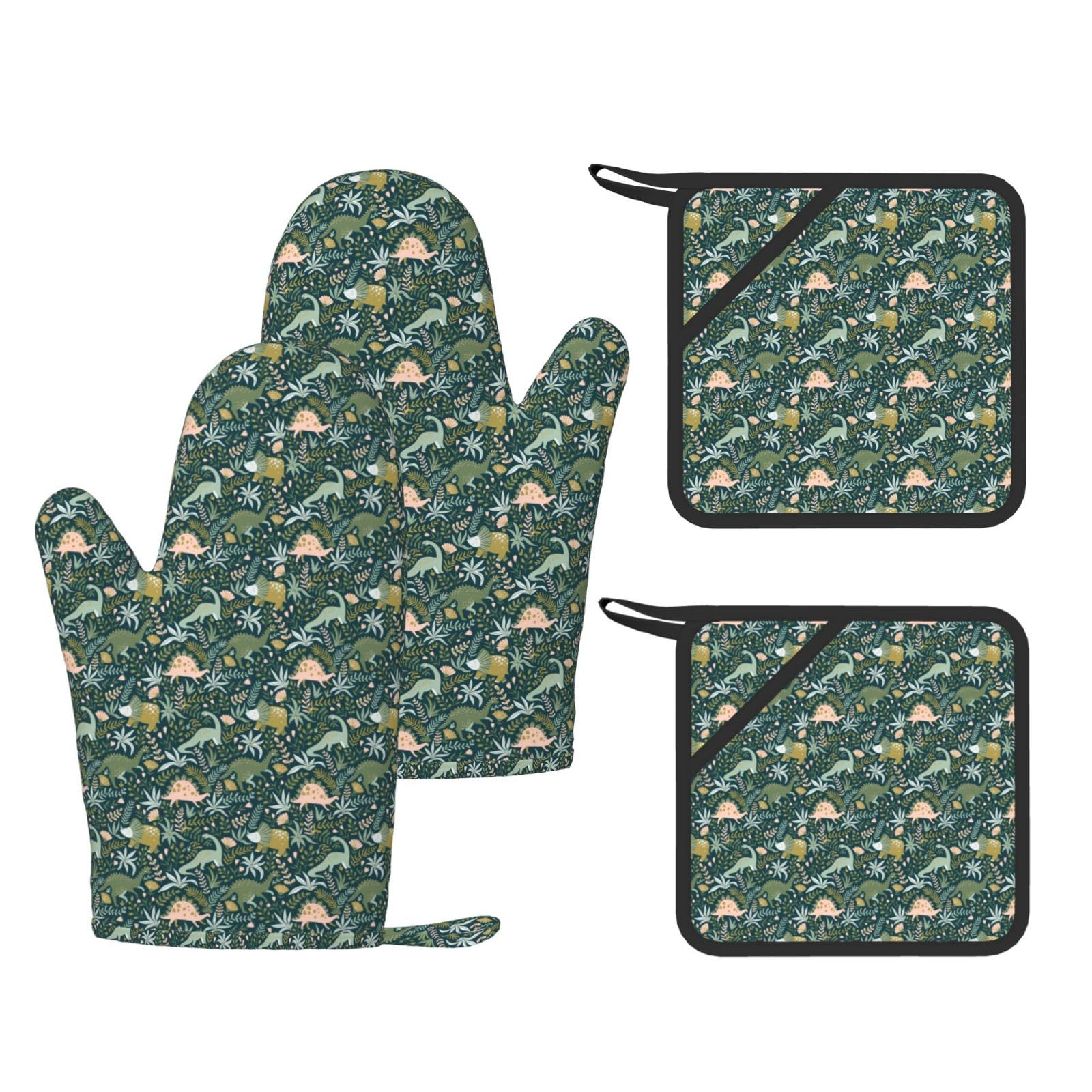 Nimongt Black Cute Dinosaur Print Heat Resistant Gloves Pads Reusable Kitchen Set Oven Baking Grilling Cooking