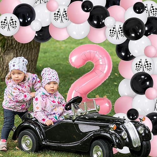 Miniatura 5 de 90 piezas de decoración de fiesta de segundo cumpleaños de coche de carreras rosa para niñas, dos globos de aluminio FAST CURIOUS 2 con cuadrícula