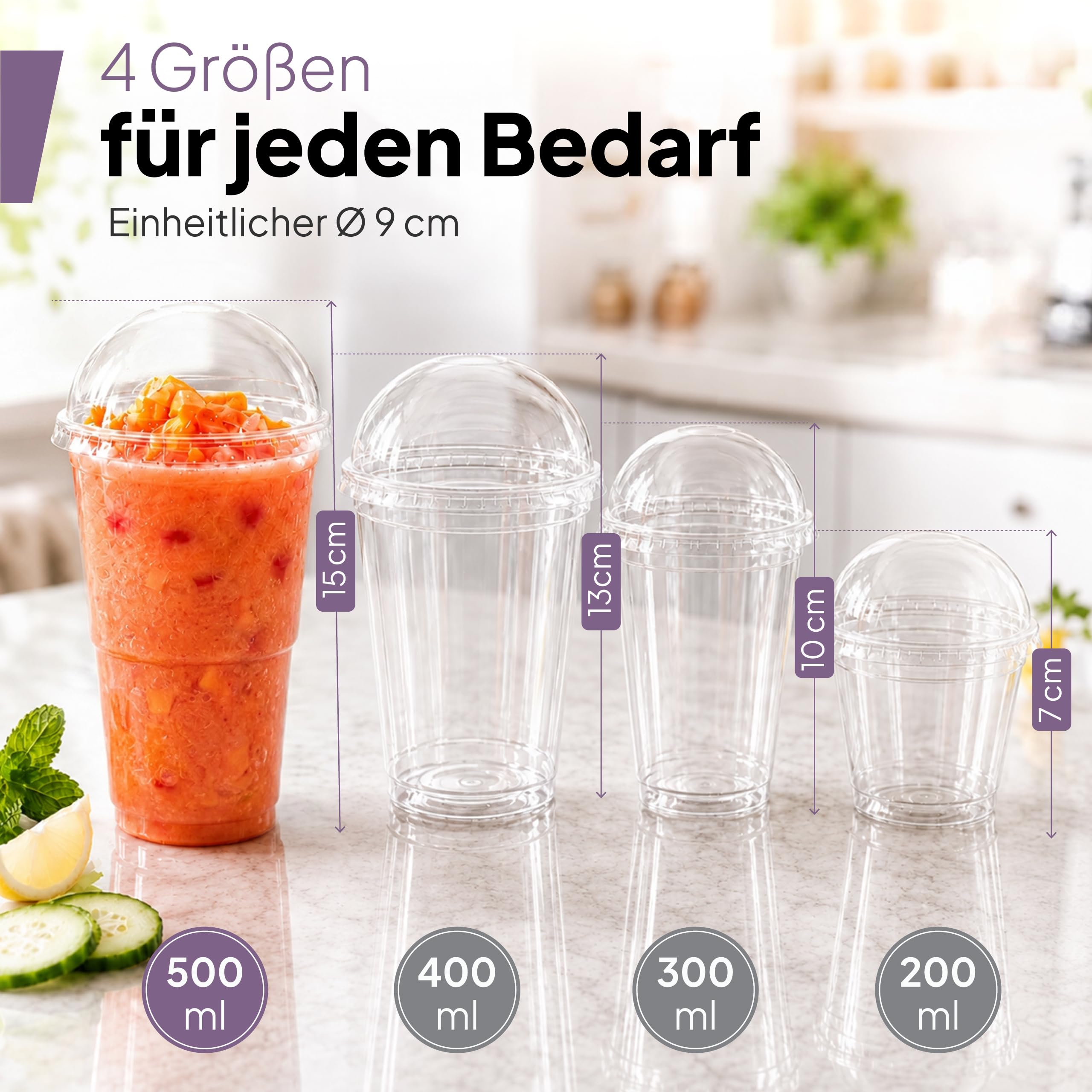 Inoverse 100 sztuk kubków do smoothie To Go 500 ml, kubki deserowe, plastikowe kubki do kawy mrożonej, koktajli, herbaty bąbelkowej z pokrywką z otworem