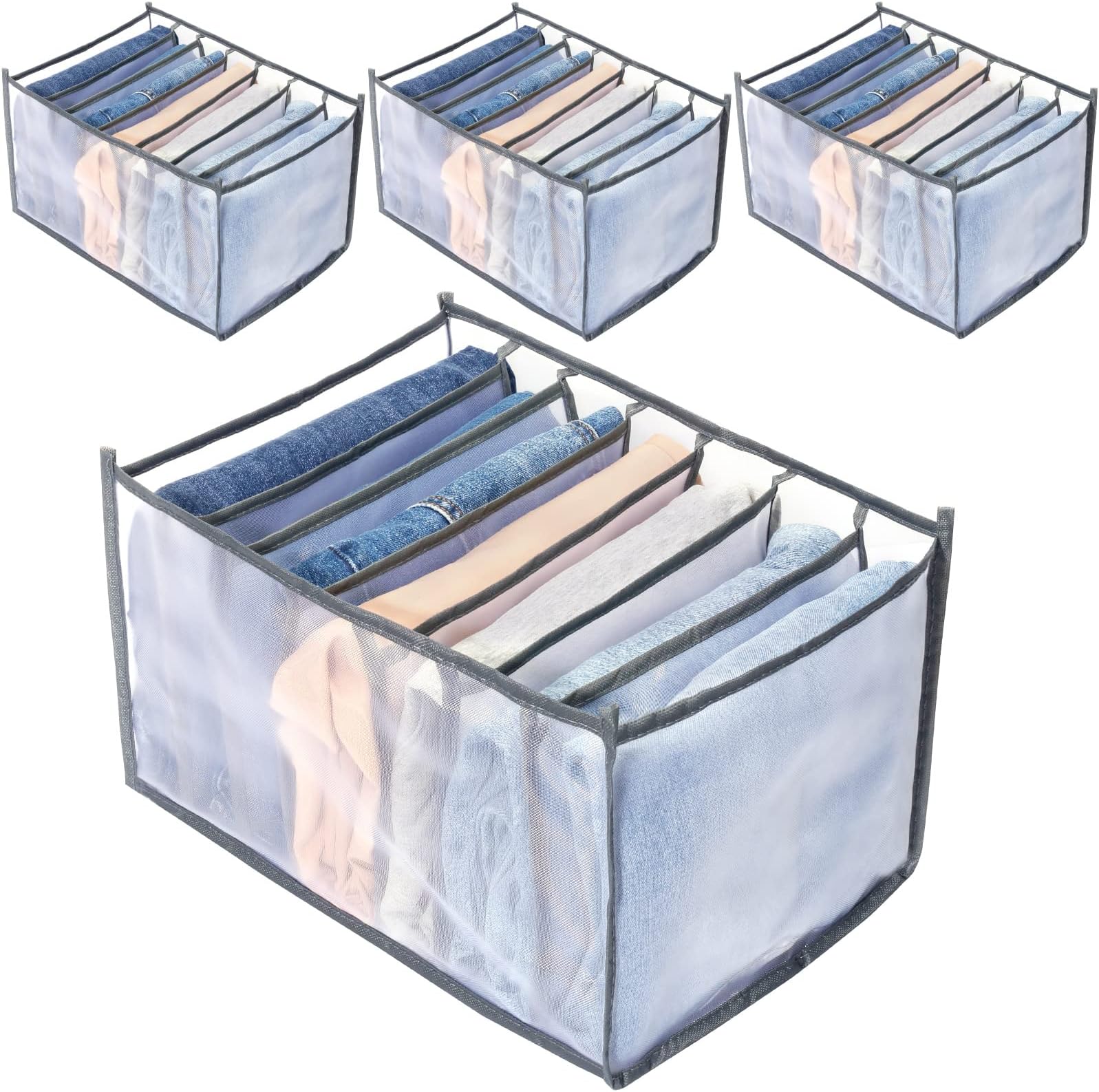 TOOVREN Wardrobe Clothes Organizer, 7 Grids, Drawer Organizers for Clothing, Foldable Closet and Storage Basket, Clothes Compartment Box, Bedroom Dorm Room, 4PCS, Gray
