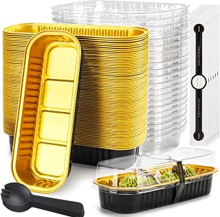 LOKQING 50 Pack Mini Loaf Pans with Lids Rectangle Individual Cake Pans Aluminum Foil Pans for Large Gatherings Picnics Vacations Parties (Black Gold, 6.8 OZ)
