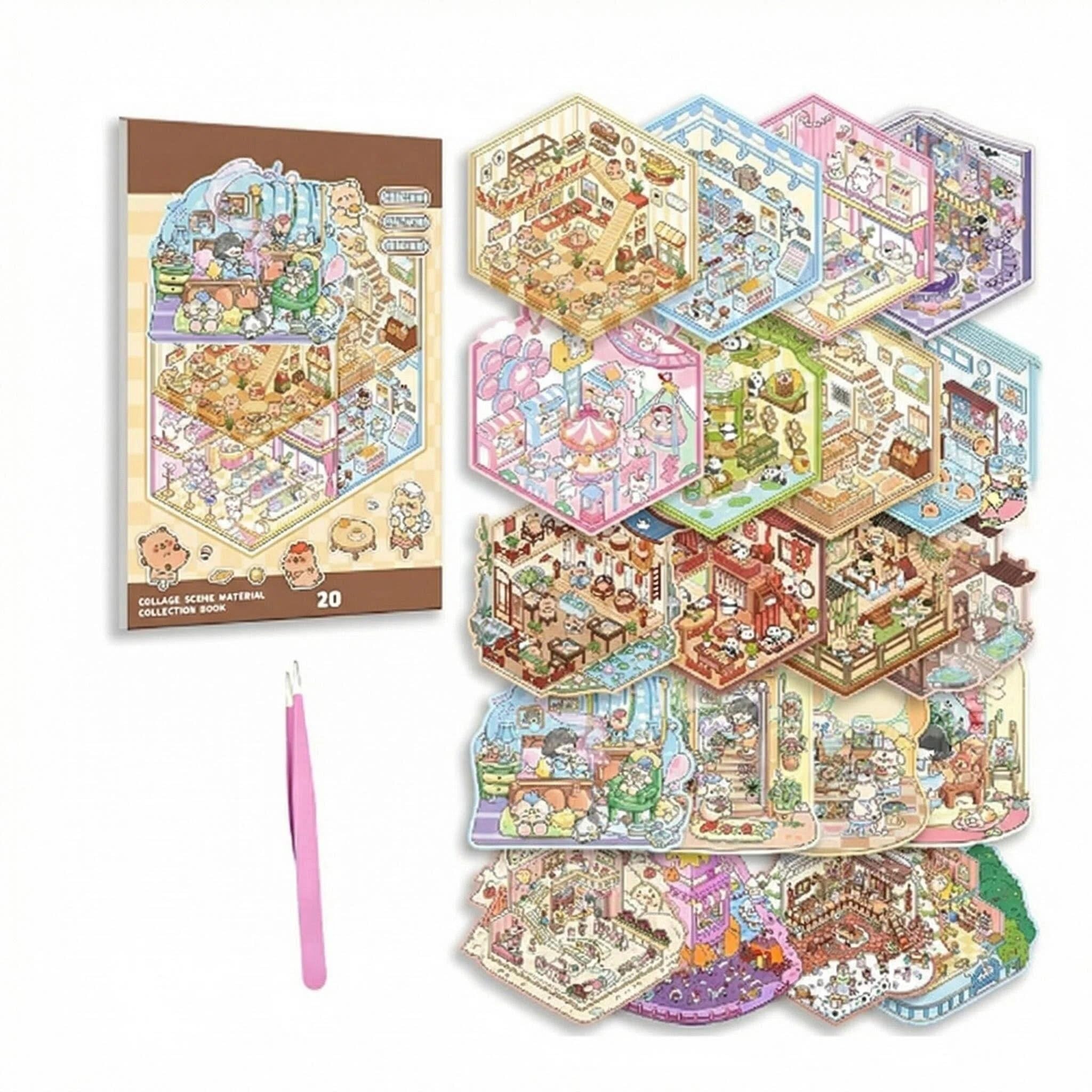 SINJAETRQ 20 Sets DIY 3D House Stickers Kit Non-Toxic & Safe 3D Miniature Scene Therapy for Kids and Adults, Stress Relief Sticker Scenes with Tweezers Creative Fun & Reusable DIY Sticker Therapy Kit