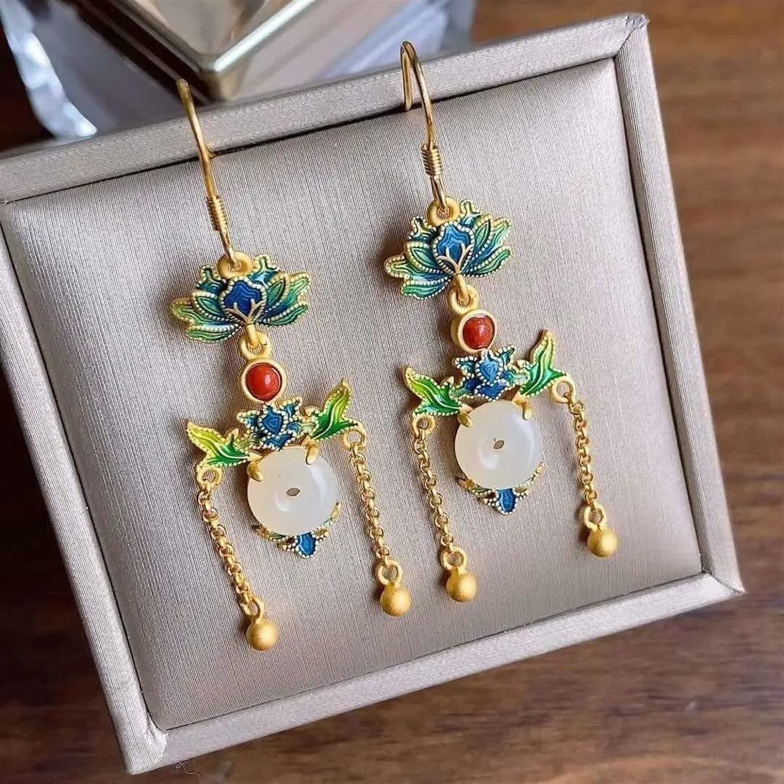 Yzdkj Women's Gold/Silver Natural Hetian Jade Enamel Porcelain Earrings Chinese Retro Court Style Unique Ancient Charm ' S Jewelry (Gem Color : Style 8)