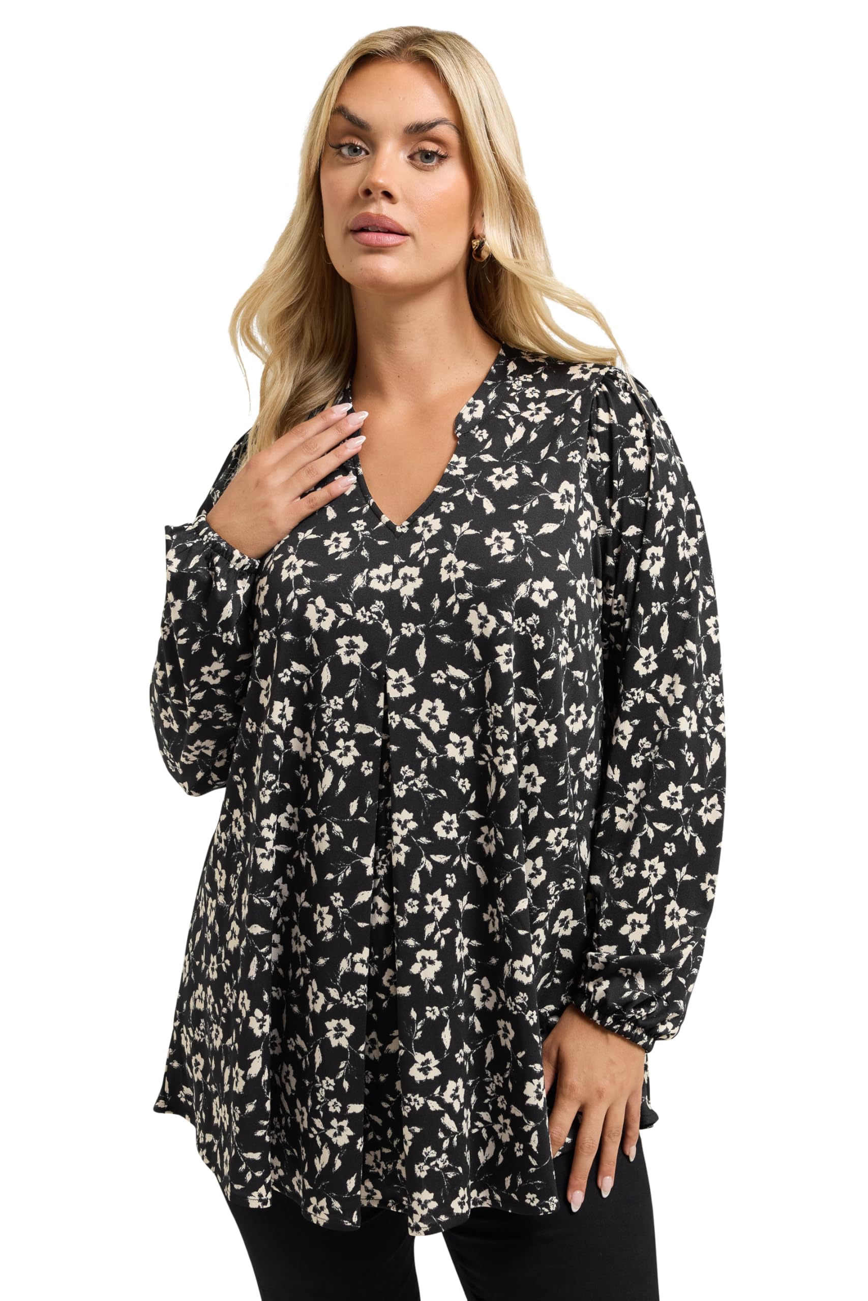 Yours Women's Jet Black Curve Black Floral Pleat Front Top - Plus Size Curve