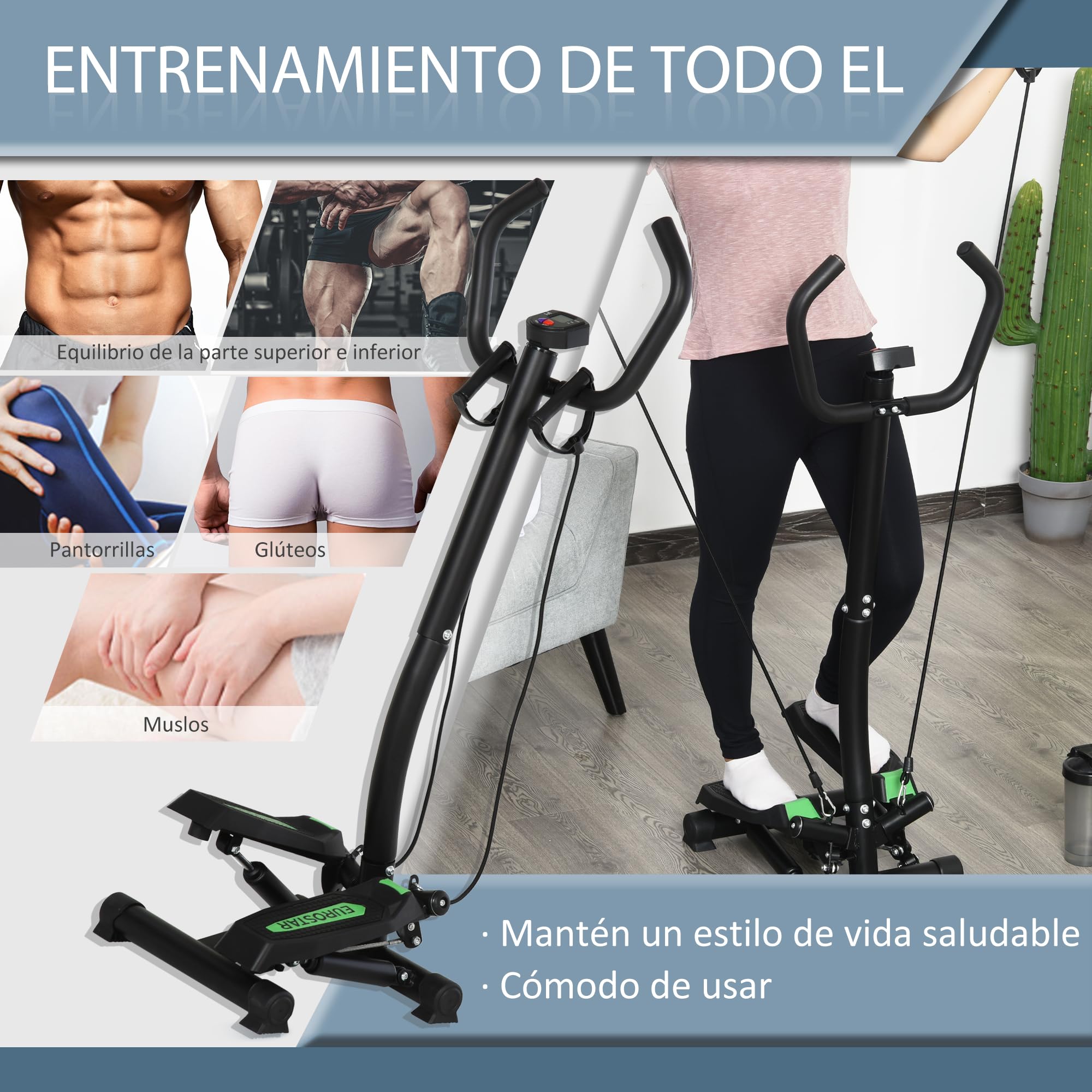 HOMCOM Máquina de Step de Acero Stepper Up-Down Máquina de Paso con 2 Reposapiés 2 Banda Elástica y Pantalla LCD Pedales Ajustables Resistencia Hidráulica para Casa Oficina 40x40x118cm Negro y Verde